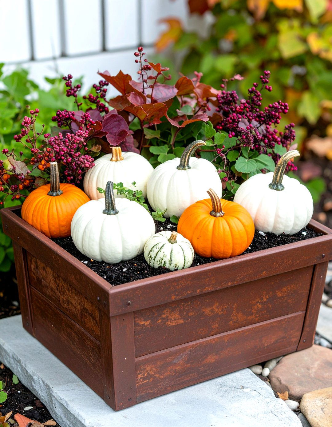 Rustic Pumpkin Planter Box - 25 fall flower box ideas