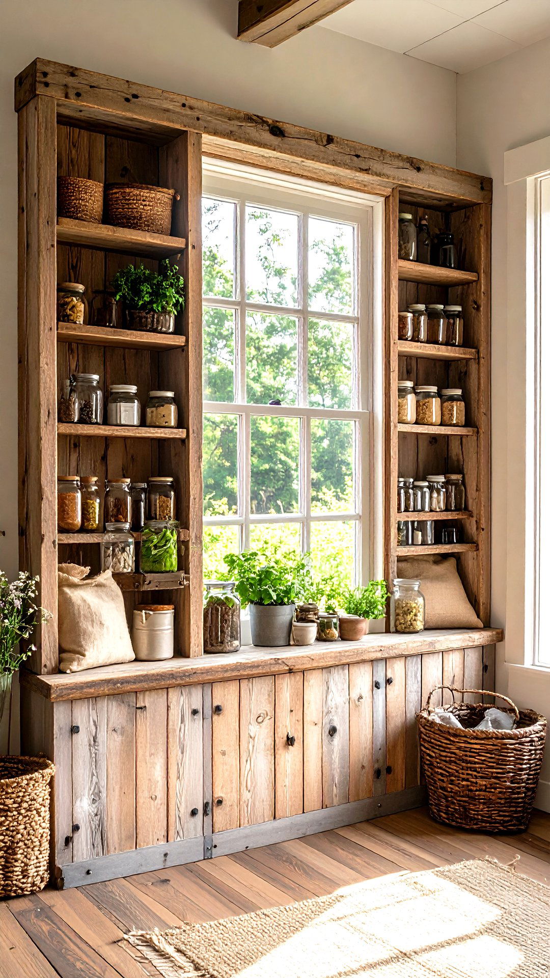 Rustic Reclaimed Wood Bookcase Wrapping a Farmhouse Window - 25 bookcases around window design ideas