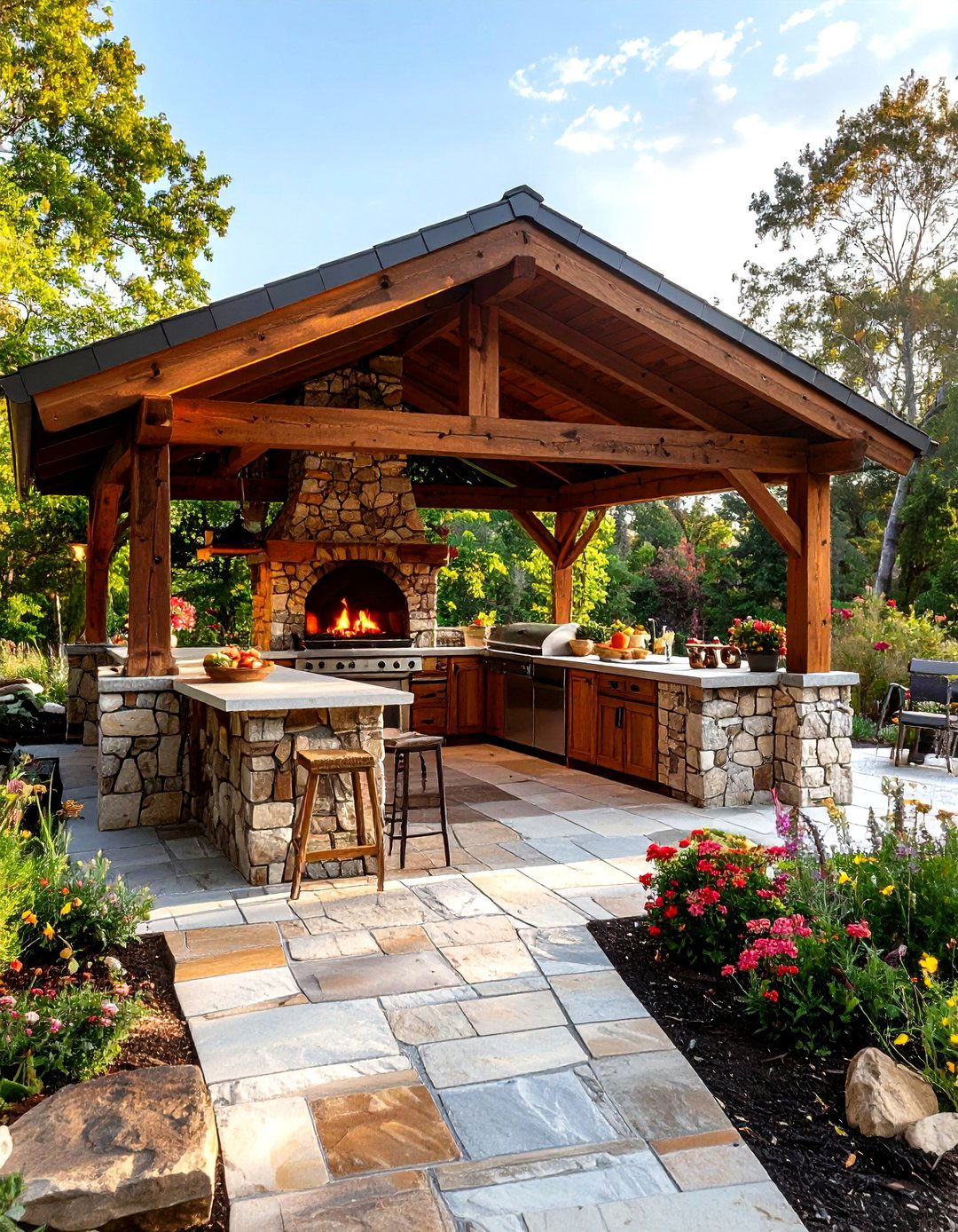 Rustic Stone Outdoor Kitchen Gazebo Showcases a Wood Fired Pizza Oven - 25 outdoor kitchen with a gazebo ideas