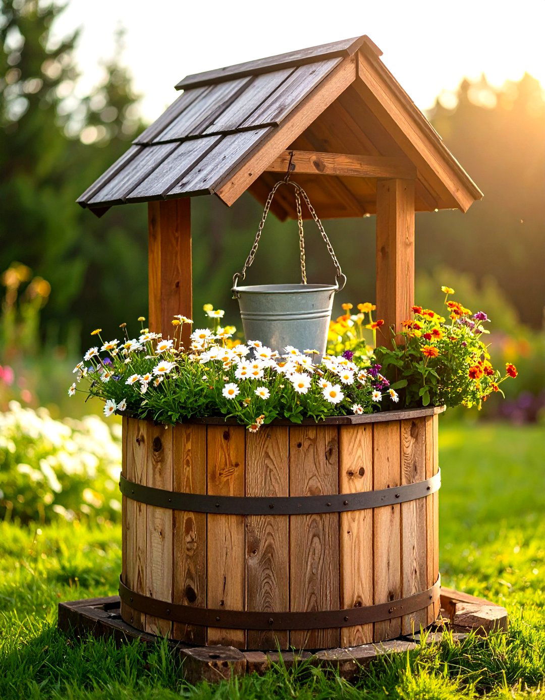 Rustic Timber Wishing Well Garden Planter - 25 outdoor wishing well garden ideas