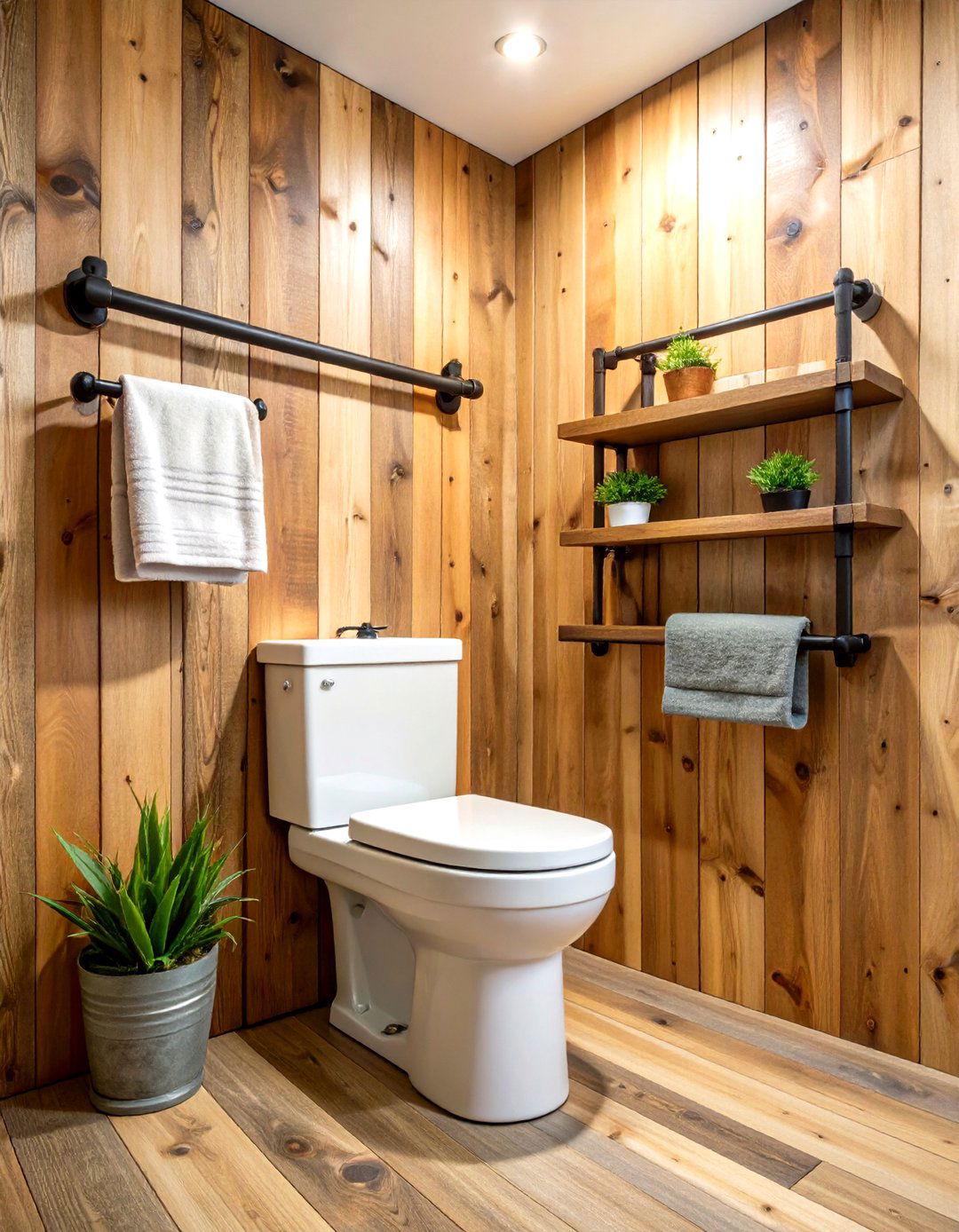 Rustic Wood Planks on Industrial Pipe Brackets - 25 over toilet storage ideas