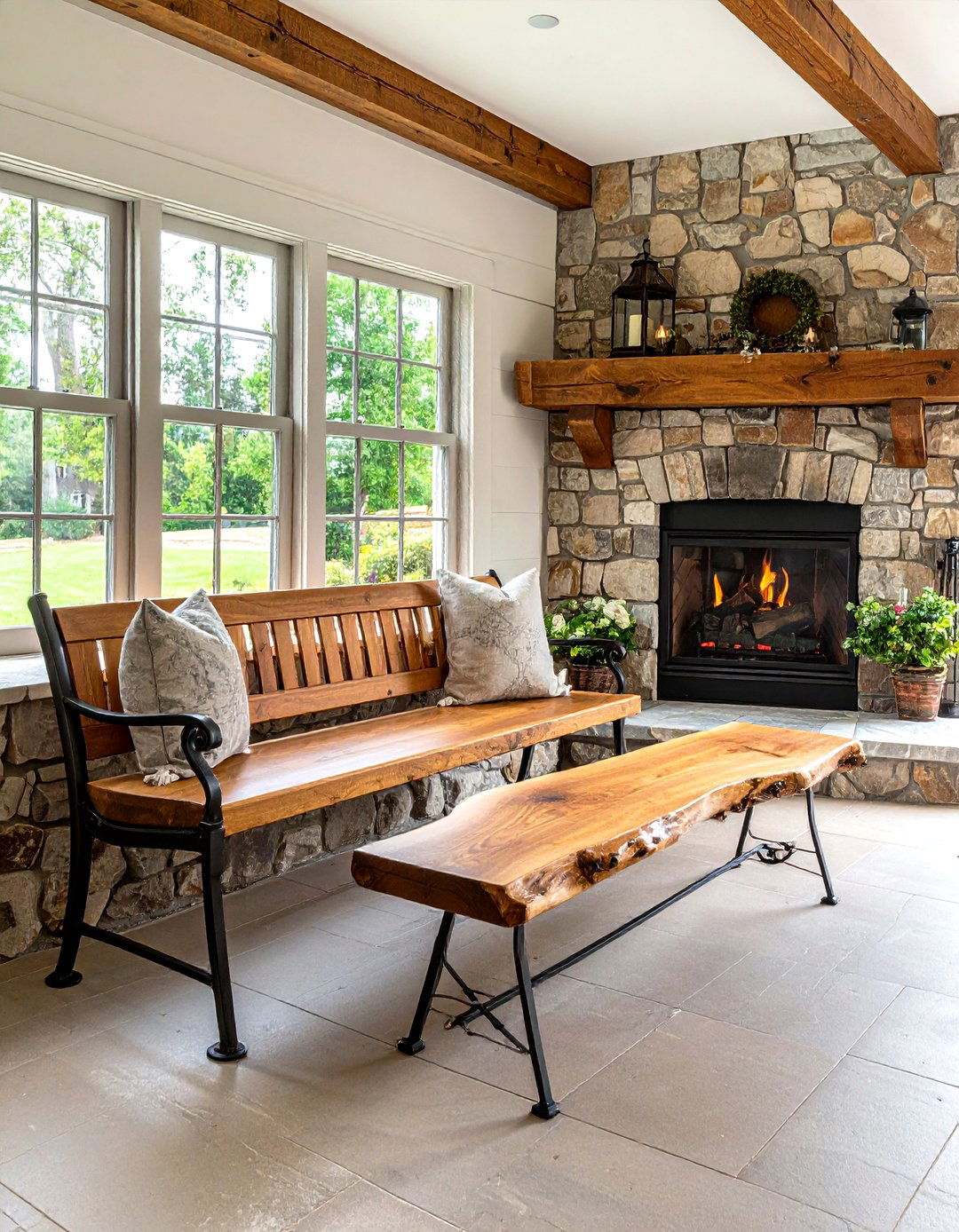 Rustic Wood Slab Bench Across a Stone Hearth - 25 fireplace bench ideas