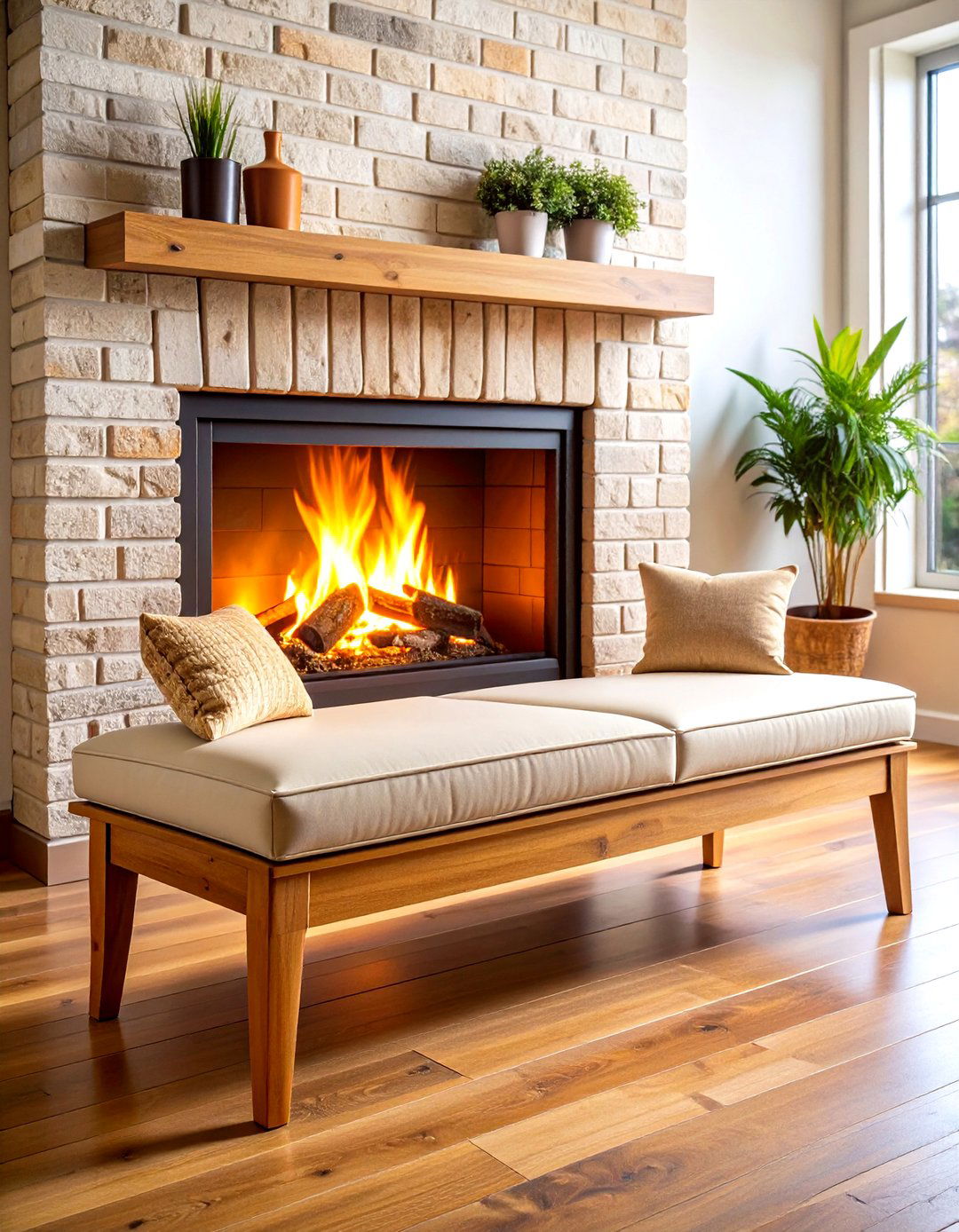 Safety First Padded Bench for Baby Proofing Brick Hearths - 25 fireplace bench ideas