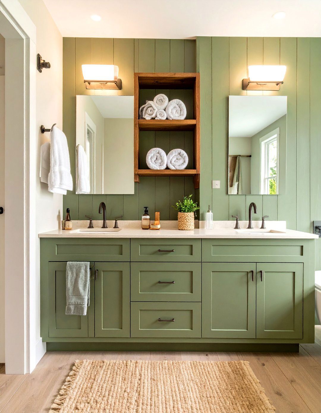 Sage Green Double Vanity Bathroom With Open Shelving - 25 bathroom with green vanity