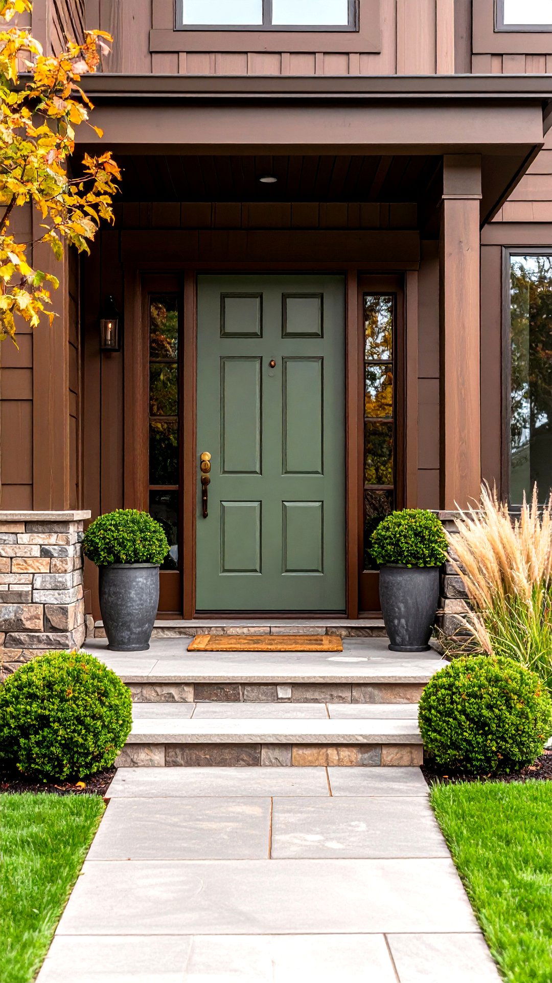 Sage Green Front Door Blends Nature with Brown House - 25 brown house front door colors