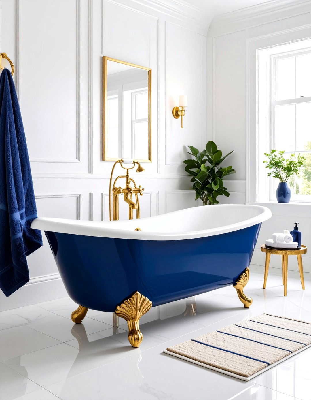 Sapphire Freestanding Tub Bathroom with Gold Claw Feet - 25 blue and gold bathroom ideas