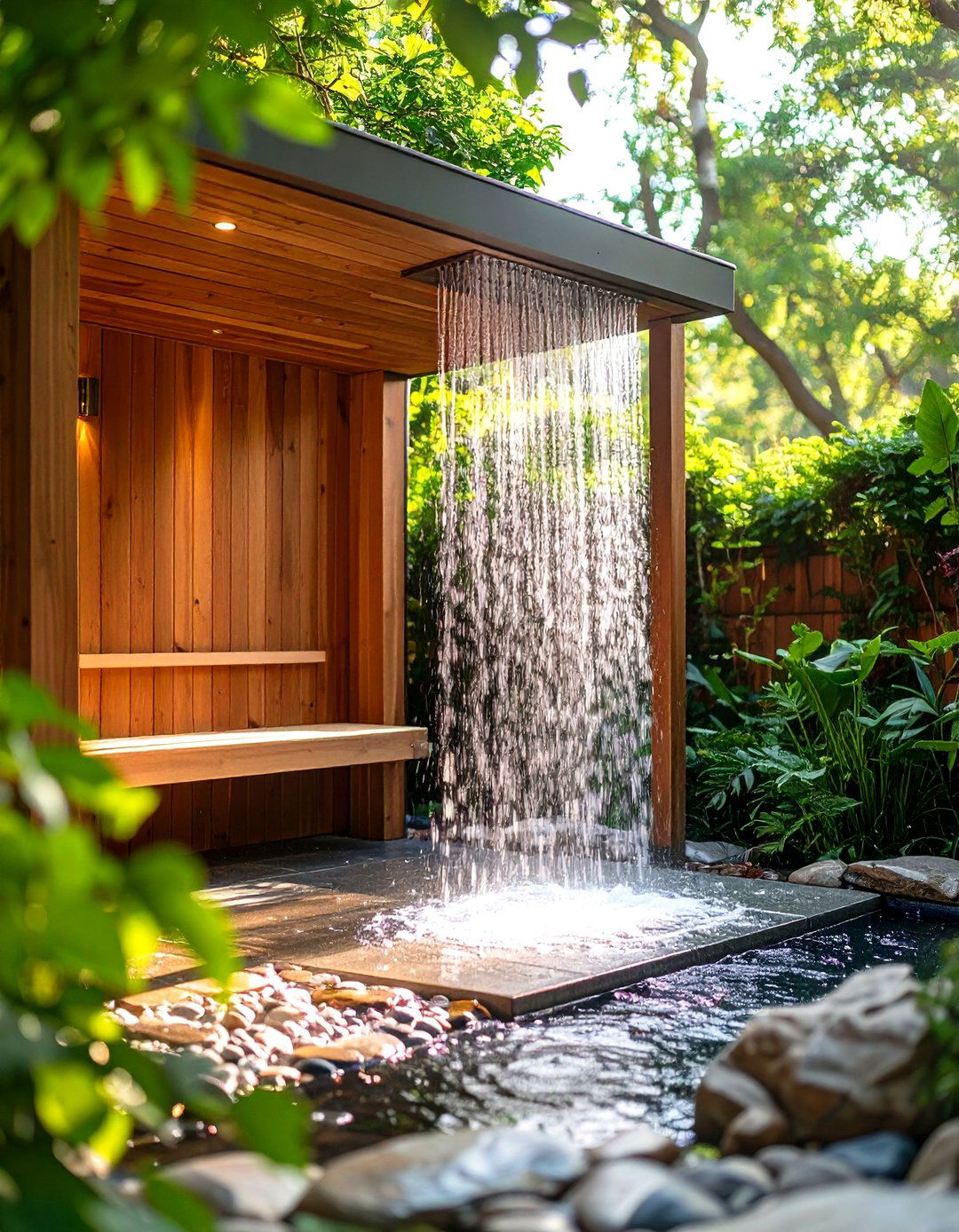 Sauna Plus Waterfall Shower for Sensory Contrast - 25 outdoor sauna ideas