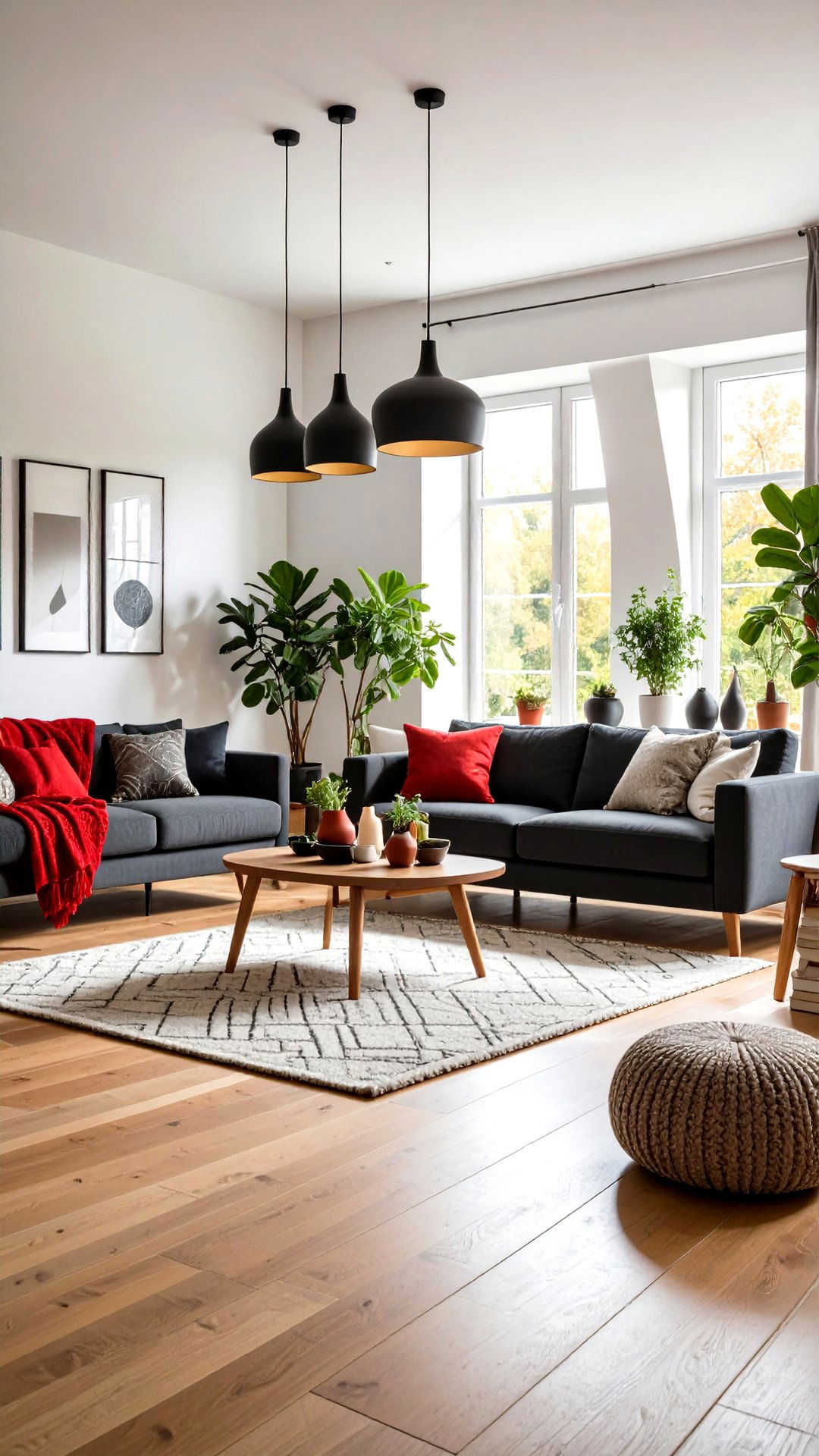 Scandinavian Living Room with Pops of Red on Black and White Base - 25 black and red living room ideas