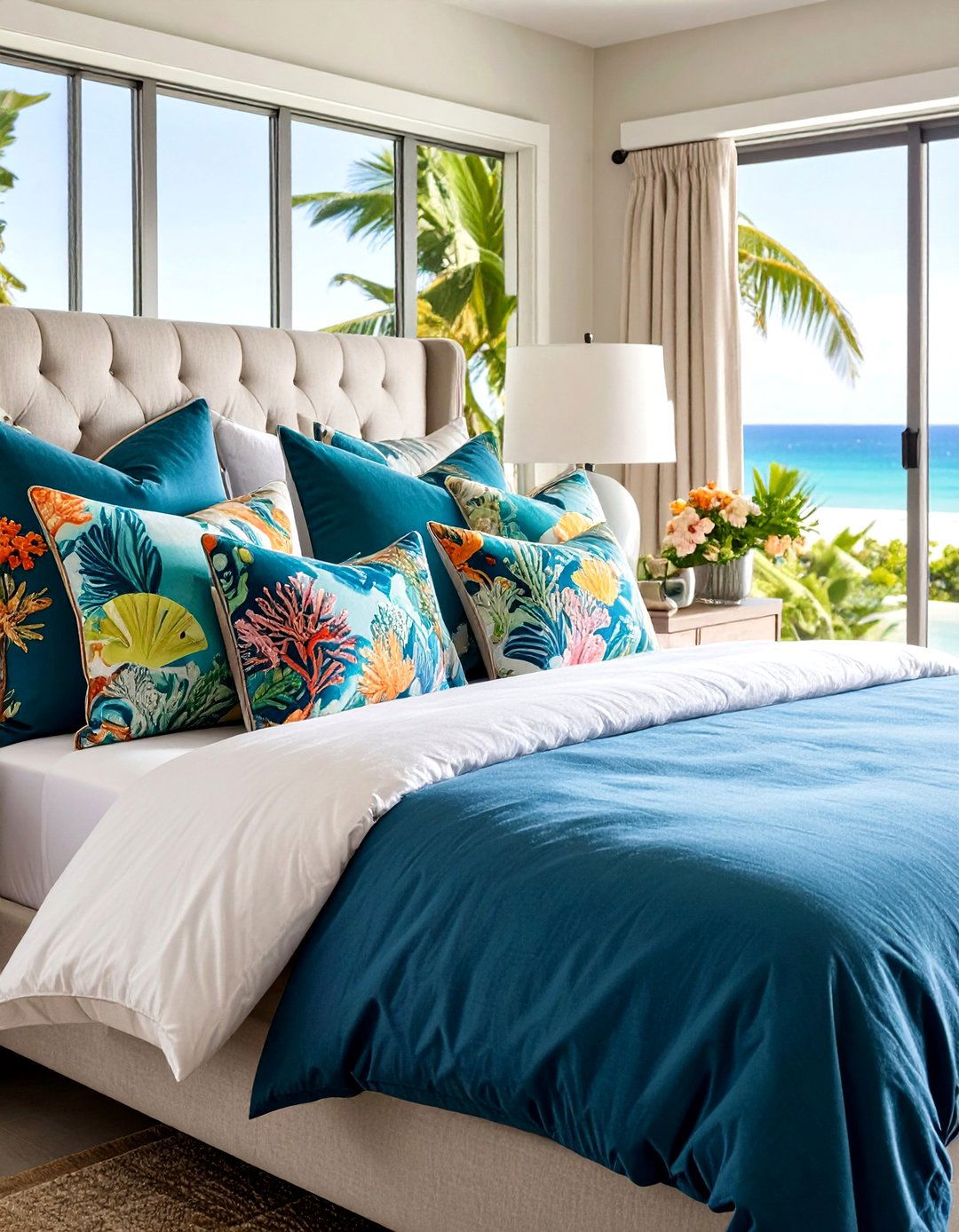 Scatter Aquatic Print Pillows - 25 ocean-themed bedroom ideas