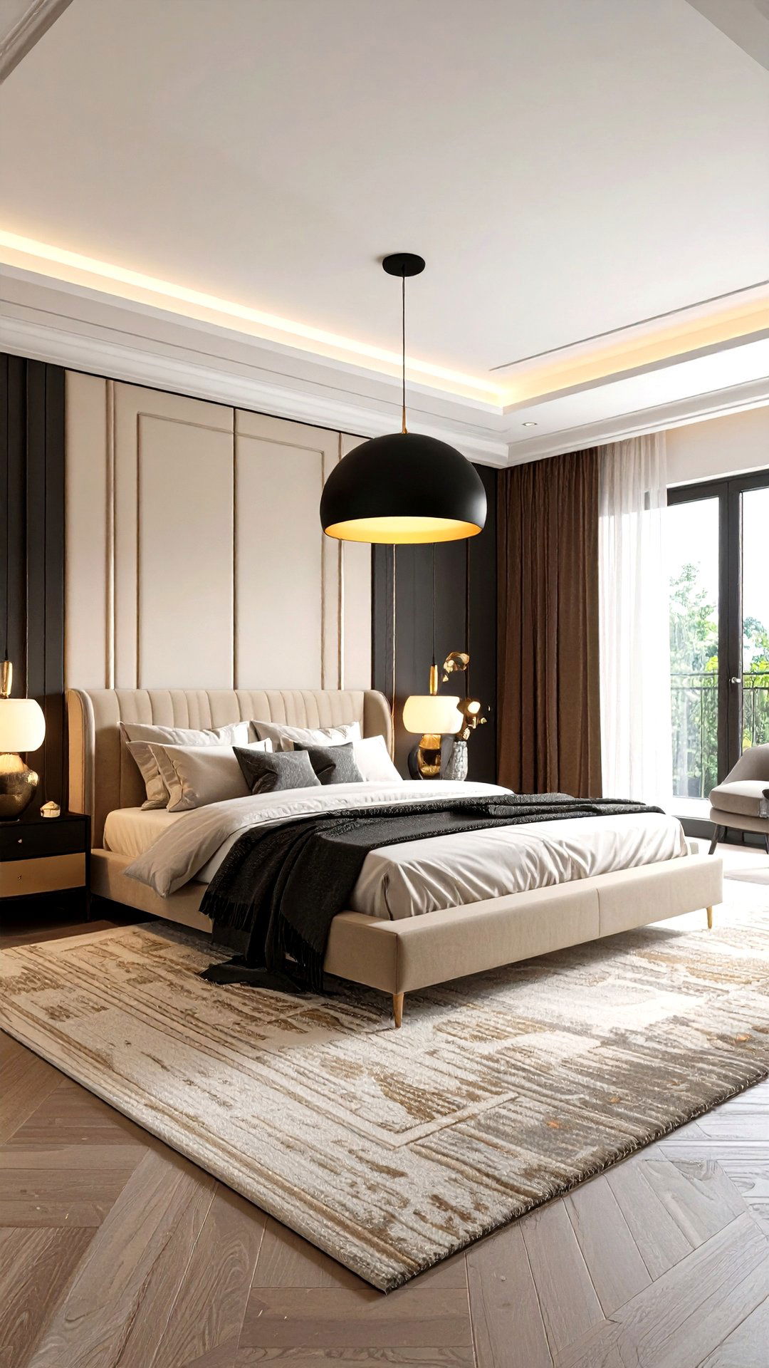Sculptural Lighting Crowns a Black and Beige Bedroom - 25 black and beige bedroom design ideas