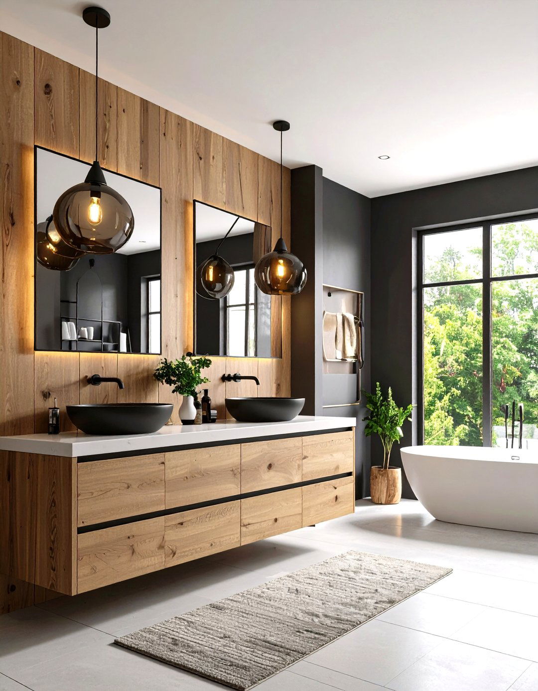 Sculptural Lighting Fixtures Crown Black and Wood Bathrooms - 25 black and wood bathroom ideas
