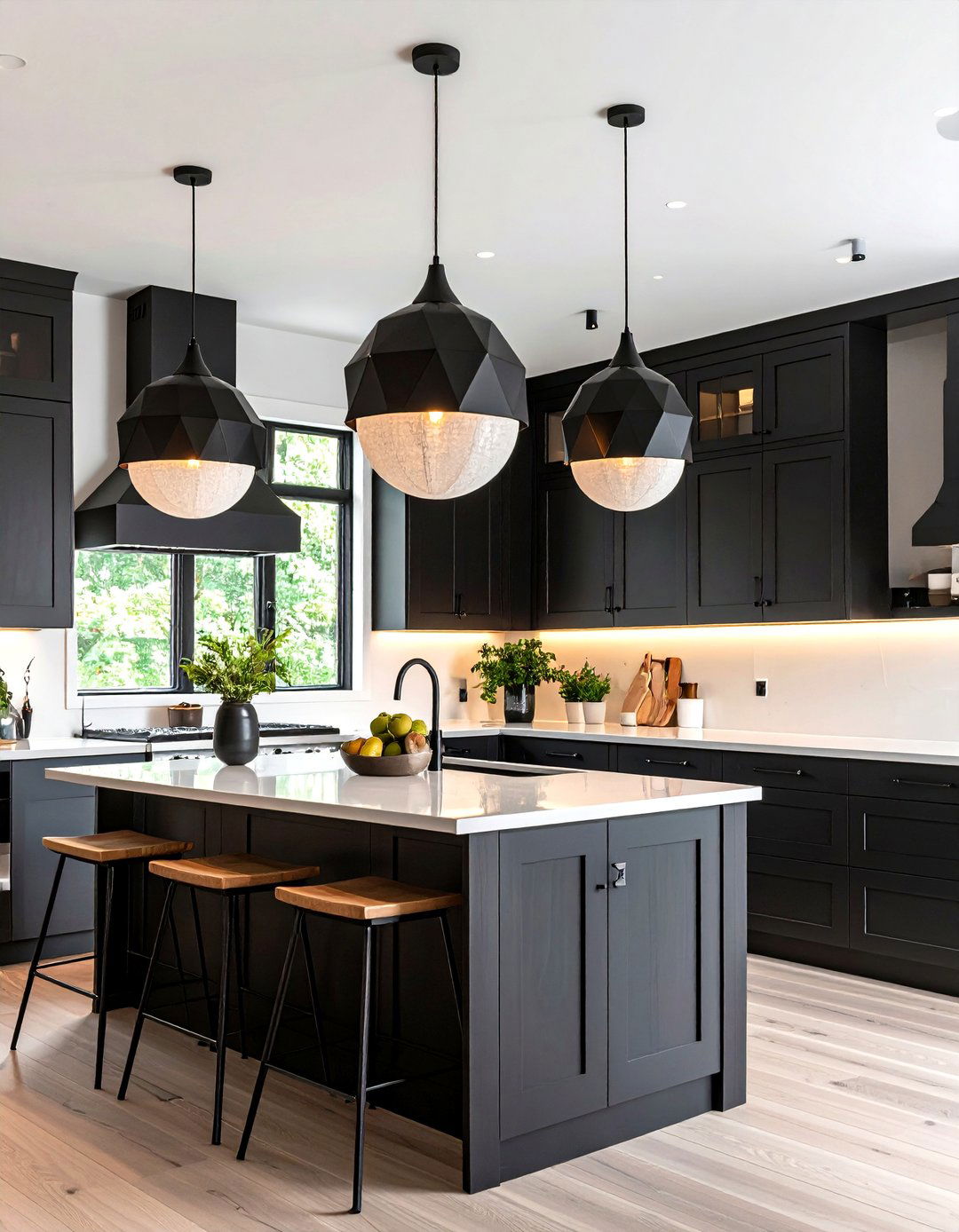 Sculptural Pendant Lights Anchor the Island - 25 black and white kitchen ideas