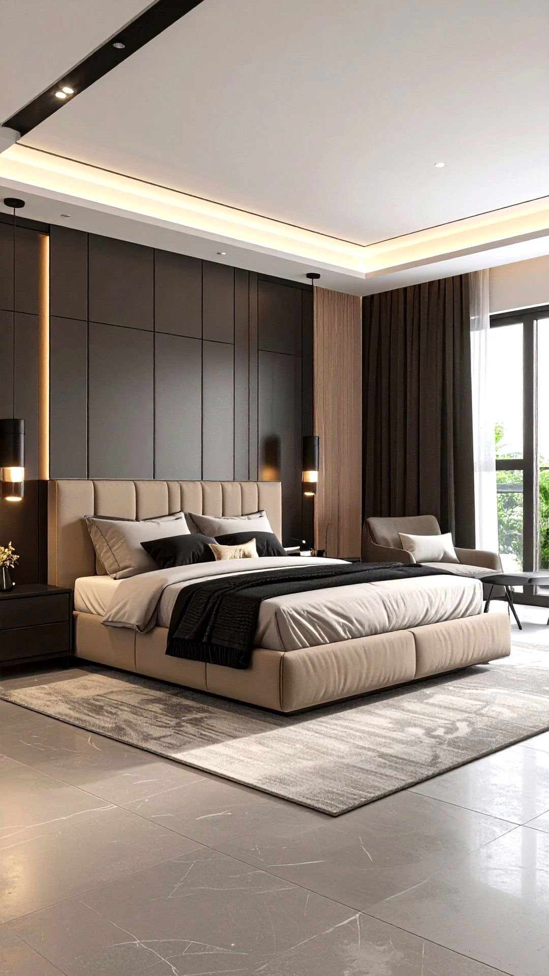 Seamless Smart Tech Integration in a Black and Beige Bedroom - 25 black and beige bedroom design ideas