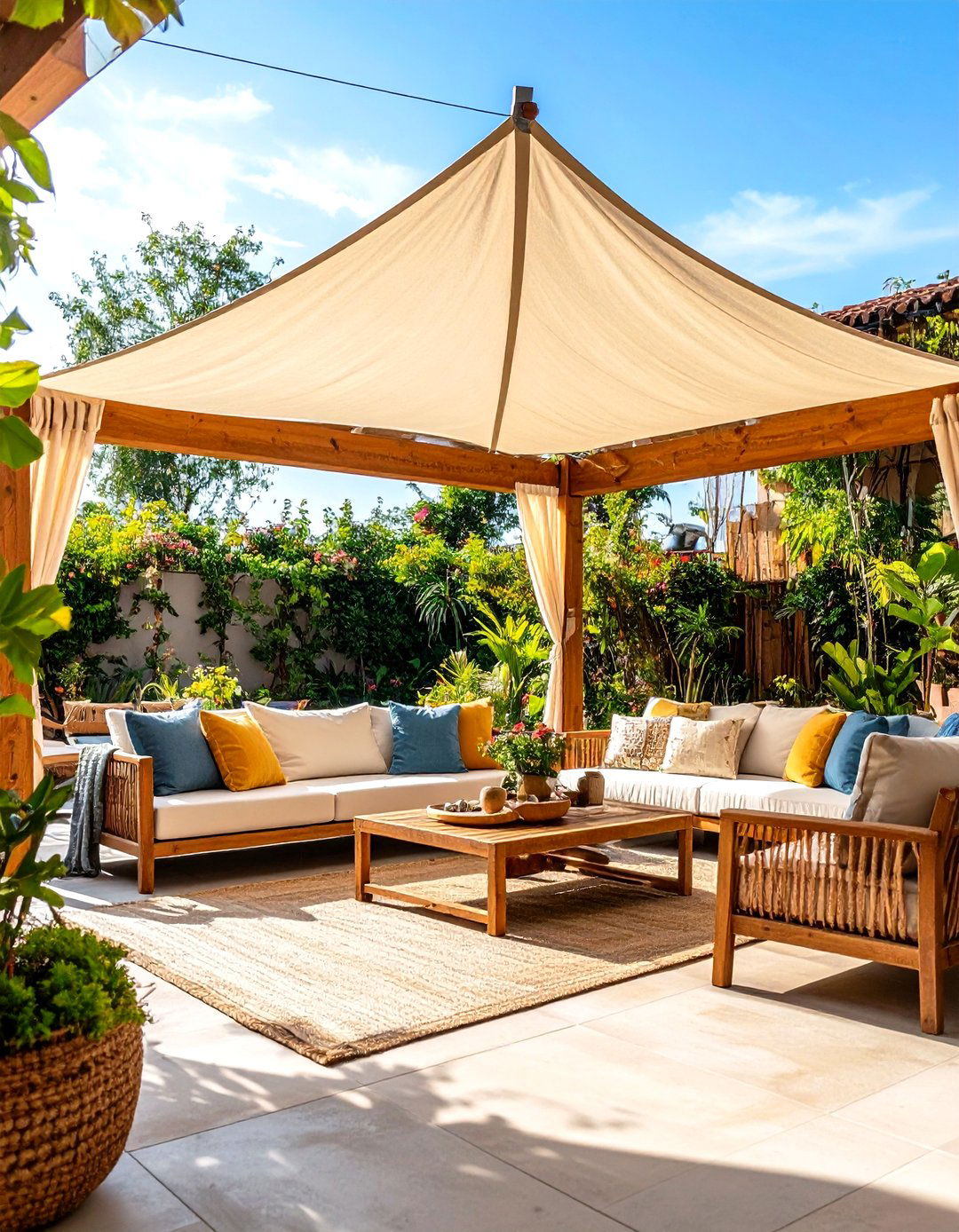 Shade Sail Screens Harsh Sun Without Blocking Breeze - 25 outdoor living room ideas