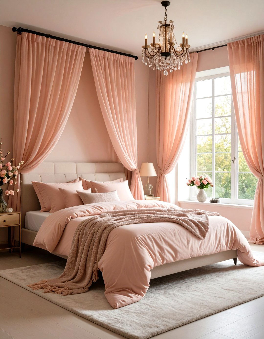 Sheer Blush Curtains over Blackout Panels - 25 pastel goth bedroom ideas