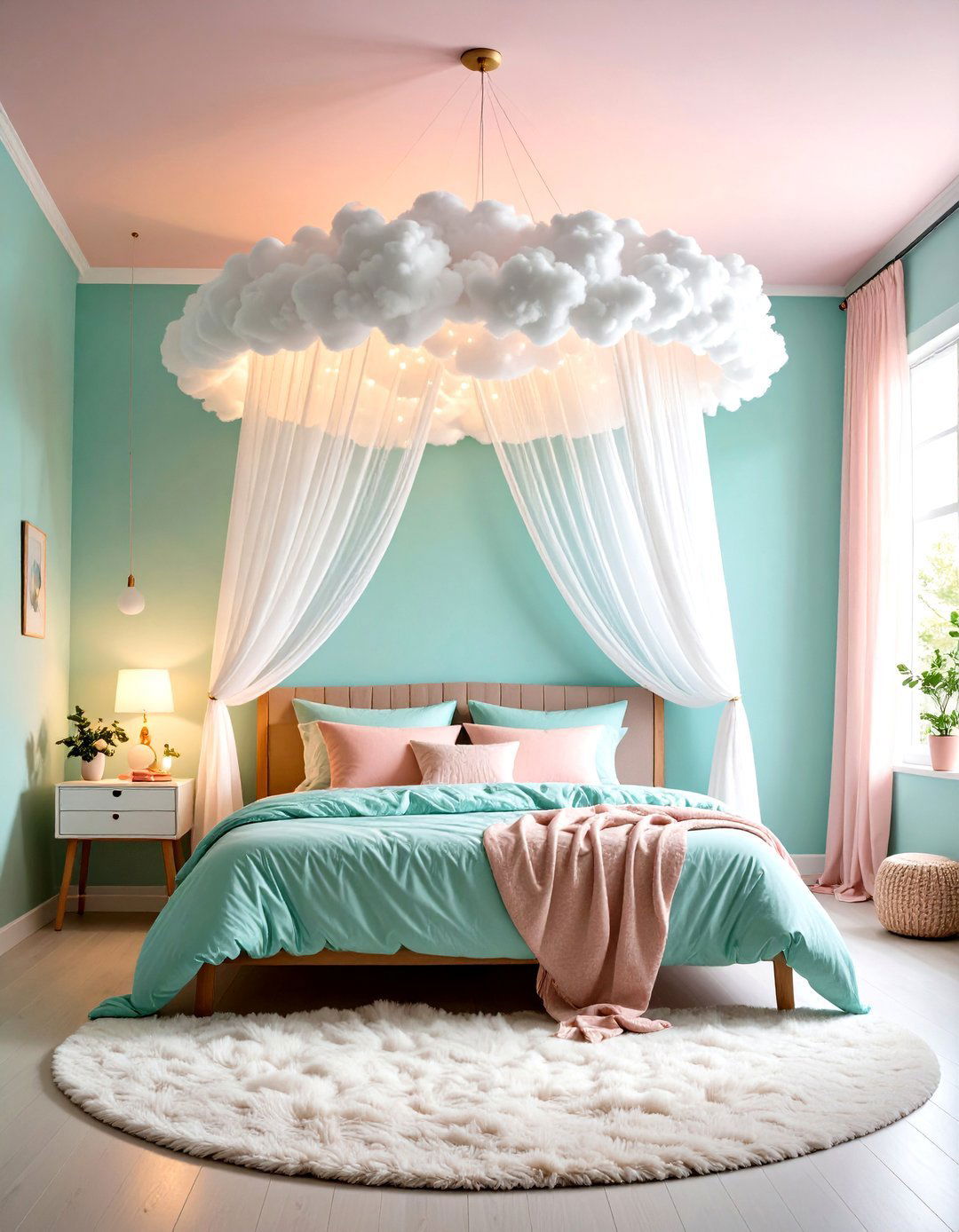 Sheer and Cotton Cloud Canopy Over the Headboard - 25 fairy-themed bedroom ideas