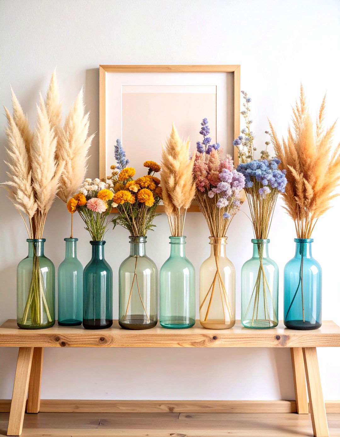 Shelf Styling with Mini Pampas Bouquets in Recycled Bottles - 25 pampas grass decor ideas