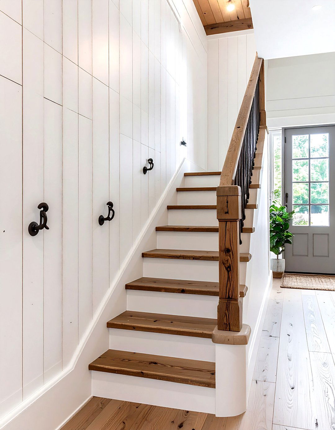 Shiplap Backed Stair Railing Wall - 25 farmhouse rustic stair railing ideas