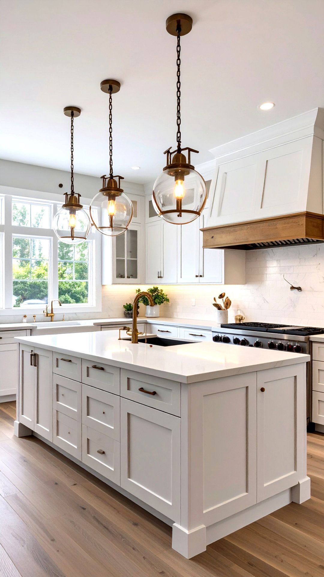 Show Stopping Glass and Brass Pendants - 25 coastal kitchen ideas