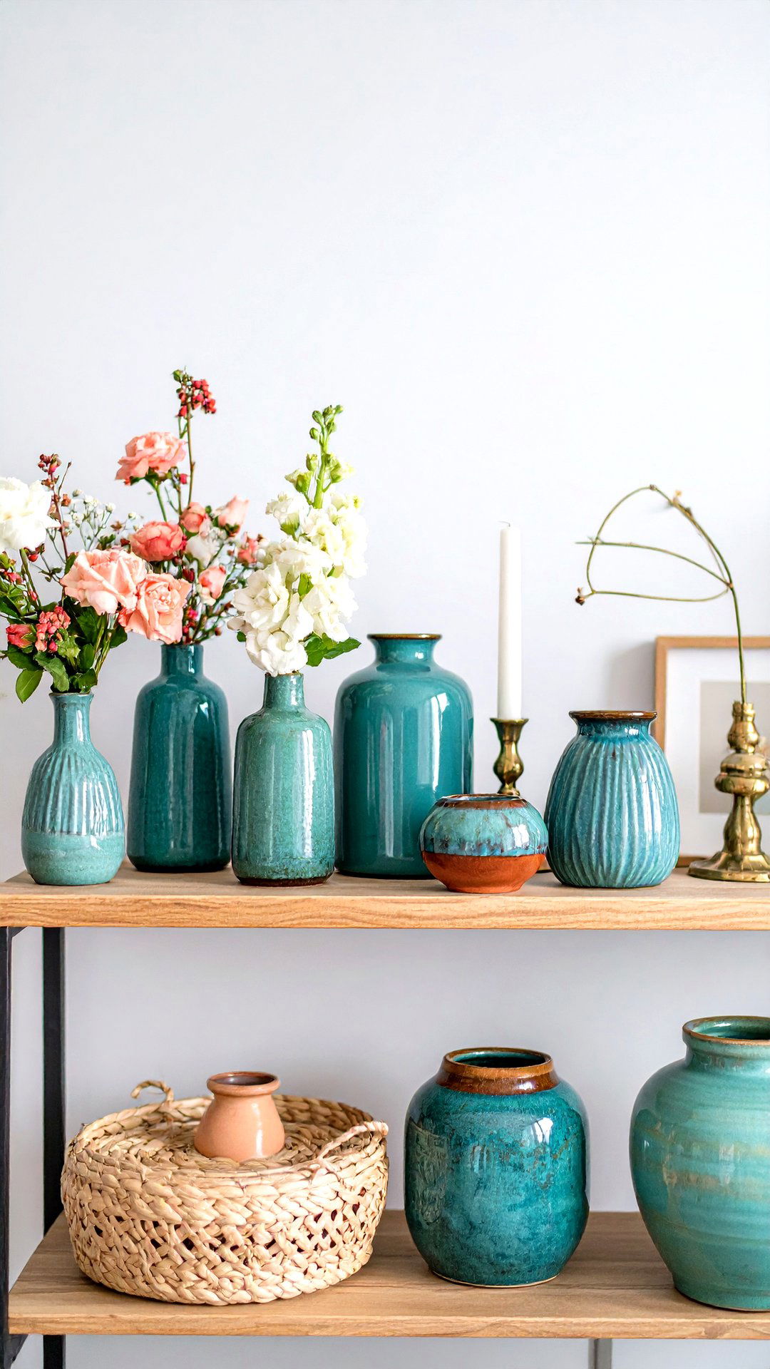 Showcase Handmade Ceramics on Boho Living Room Shelves - 25 colorful boho living room ideas