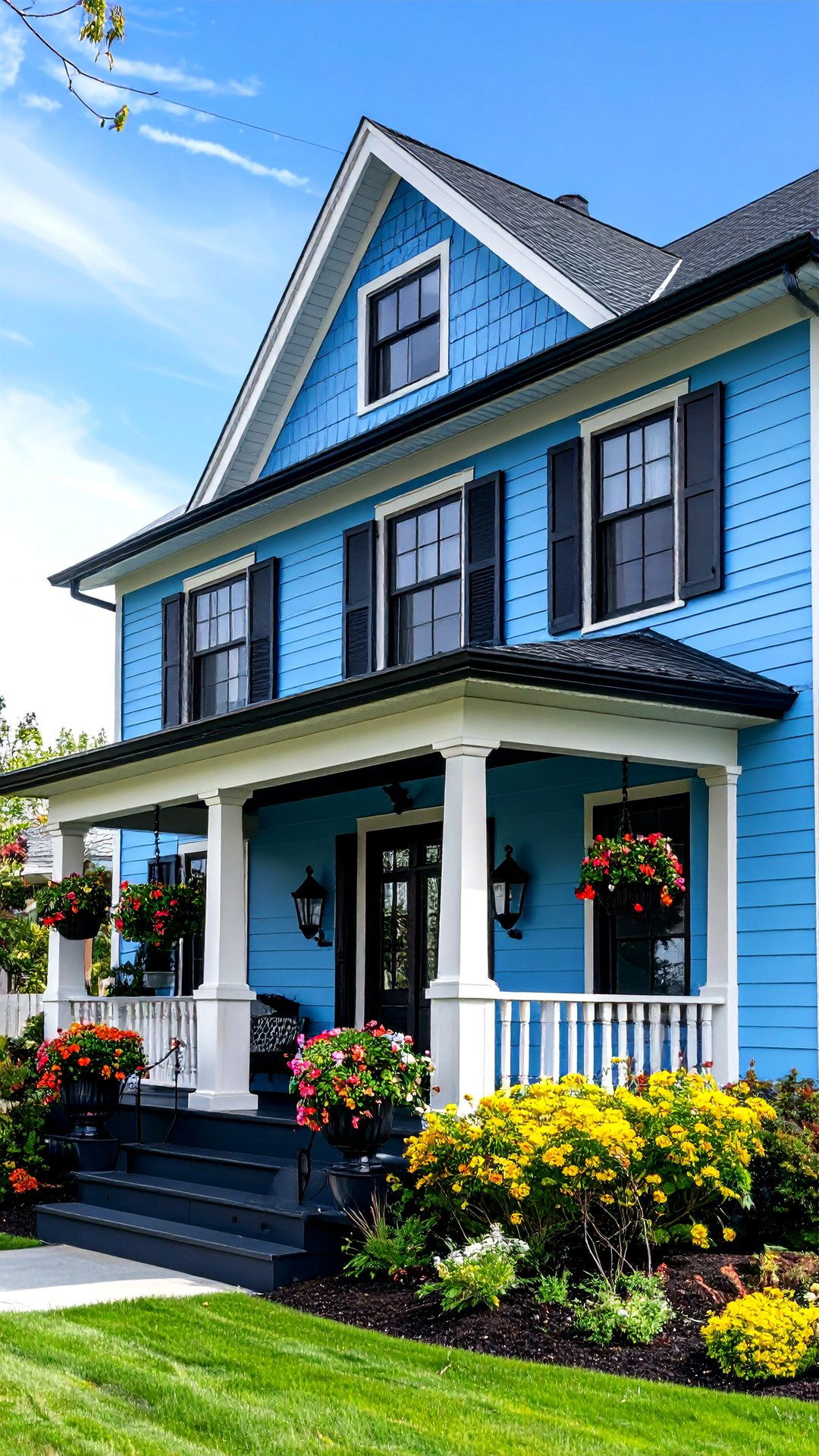Sky Blue Craftsman House with Black Porch Swing Chains - 25 blue house with black trim ideas