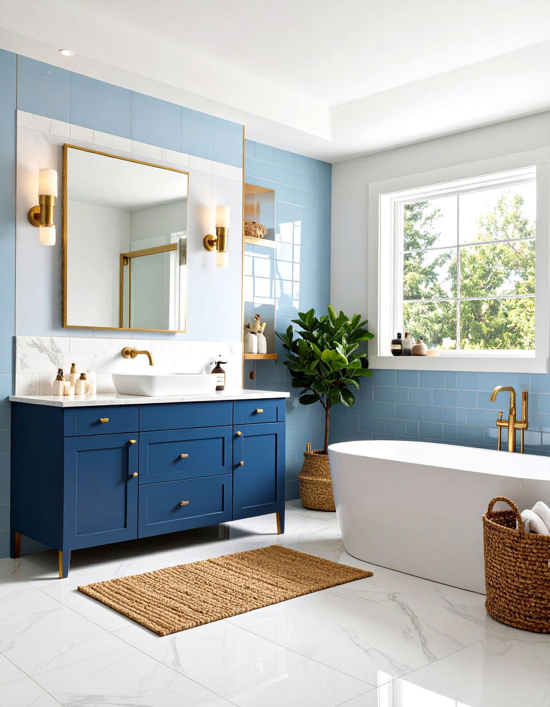 Sky Blue Subway Tile Bathroom with Champagne Gold Trim - 25 blue and gold bathroom ideas