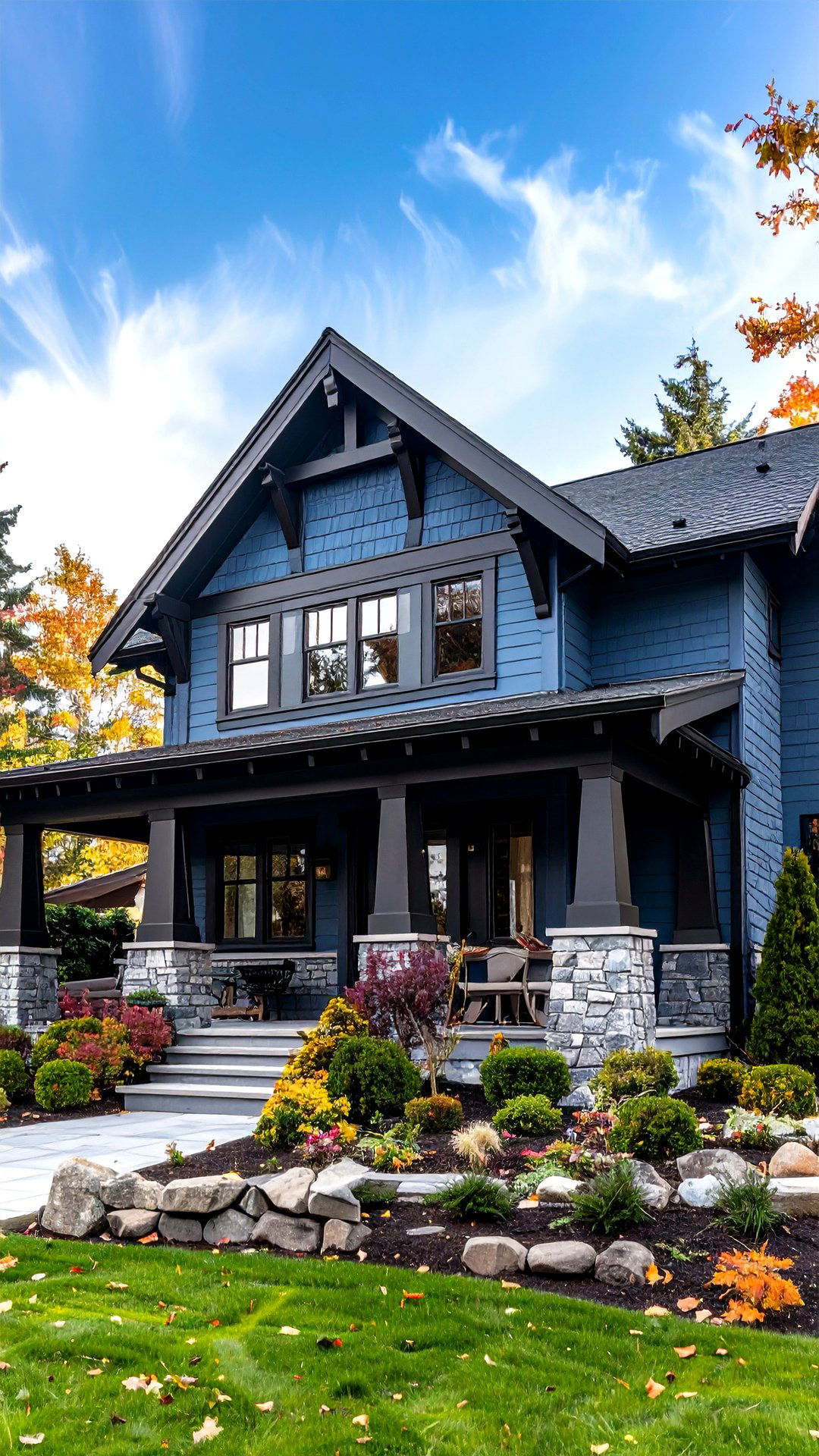 Slate Blue Craftsman Bungalow with Shadow Box Black Beams - 25 blue house with black trim ideas