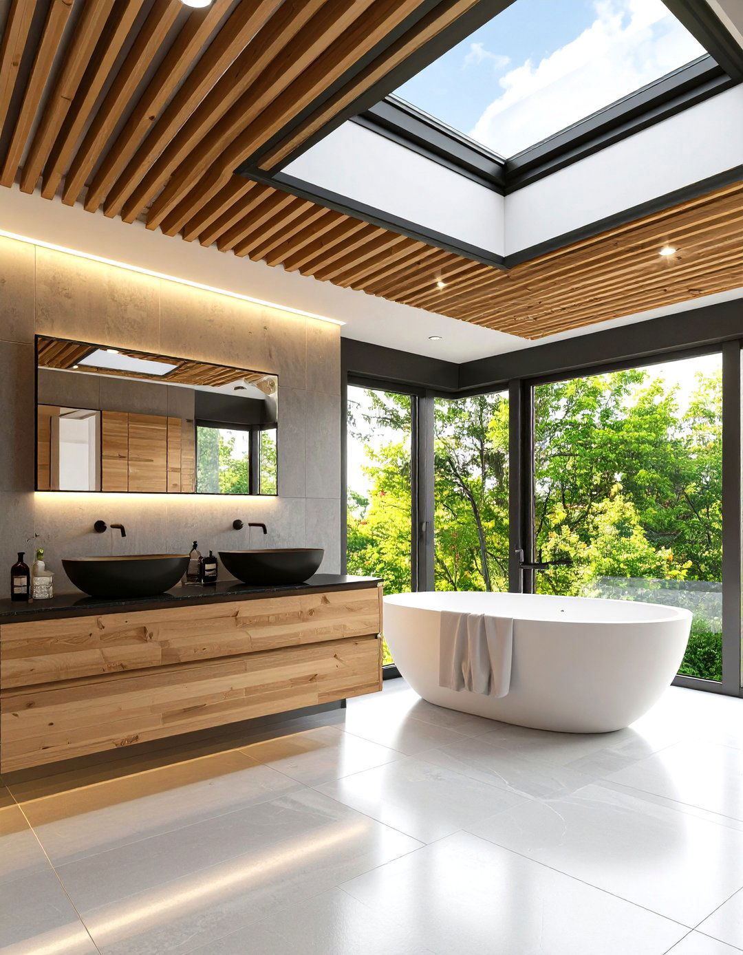 Slatted Cedar Ceilings Warm Up Black and Wood Bathrooms - 25 black and wood bathroom ideas