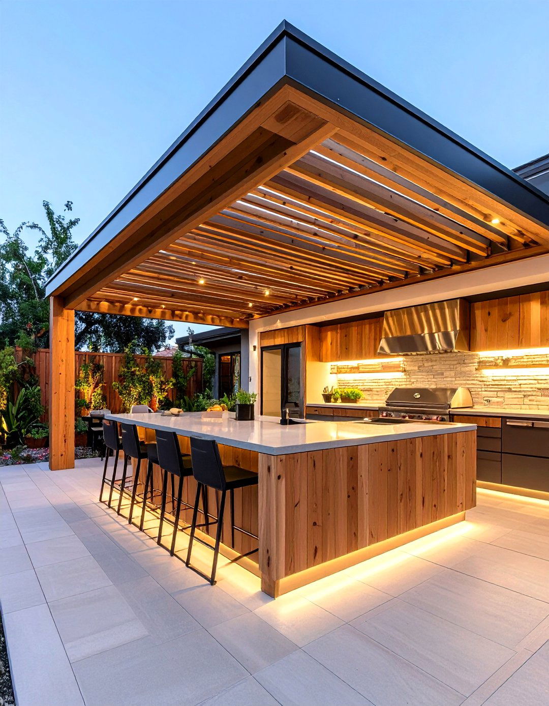 Slatted Cedar Shade Roof Balances Light and Shadow - 25 outdoor kitchen roof ideas