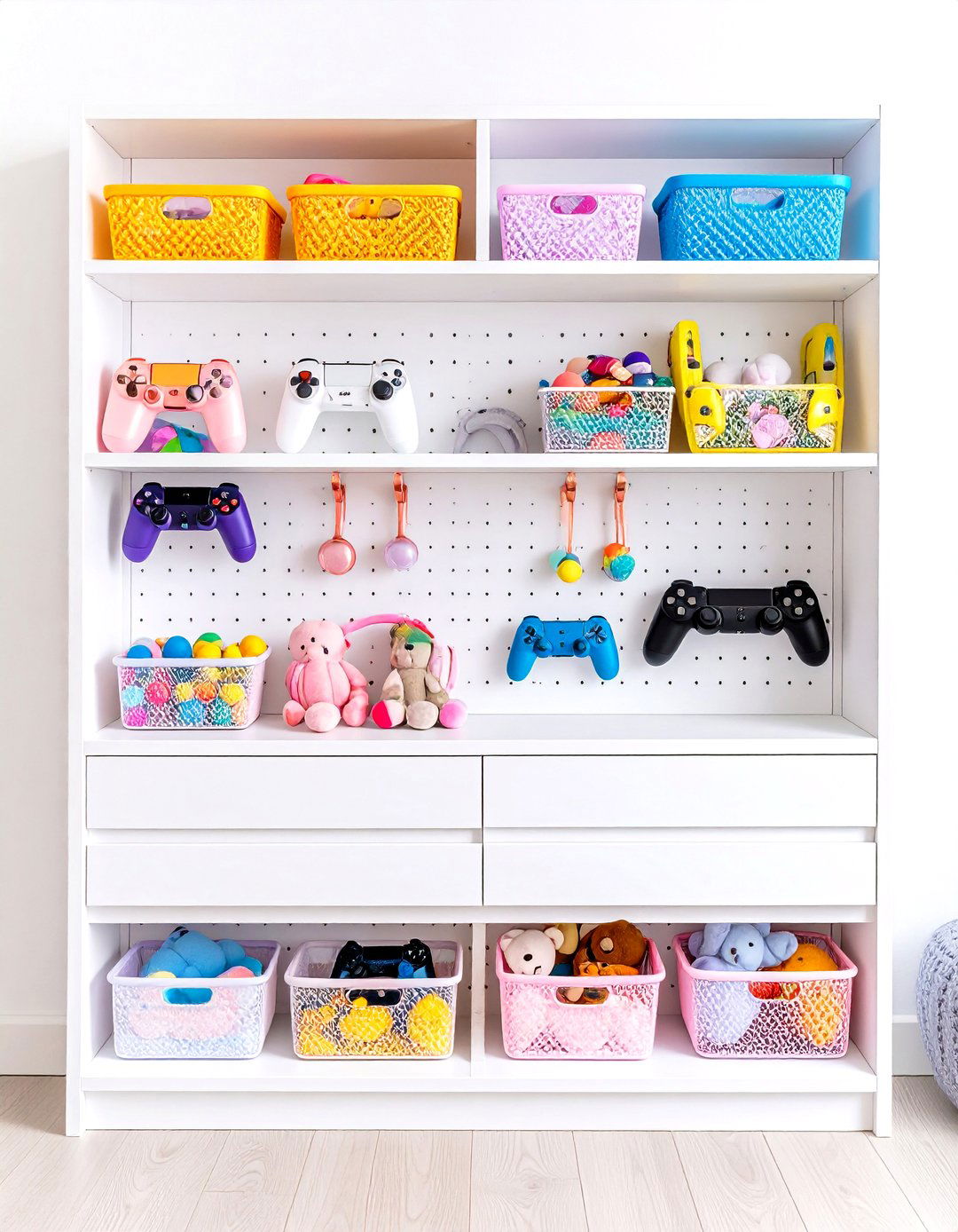 Slatwall Storage Panel Organizes Gamer Girl Room Gear Vertically - 25 gamer girl room ideas