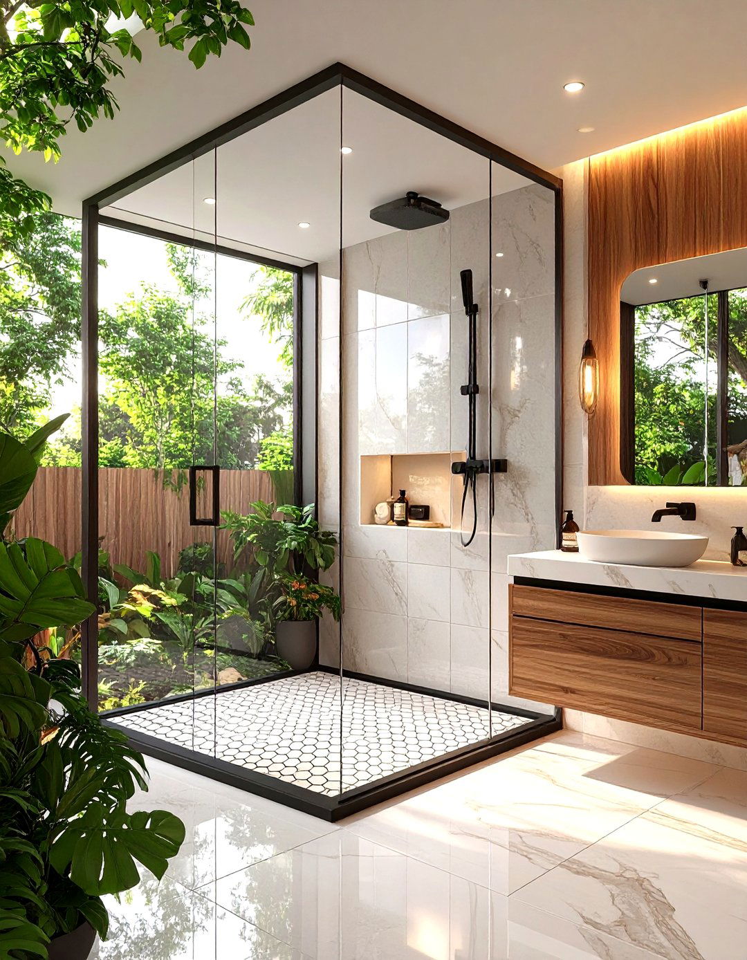 Sleek Frameless Glass Shower Bathroom - 25 bathroom with black fixtures