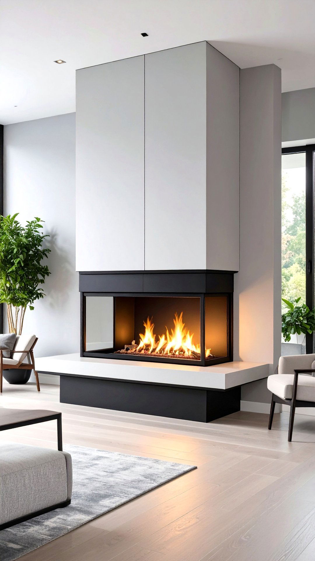 Sleek Linear Black Frame Sided Fireplace - 25 3 sided fireplace ideas
