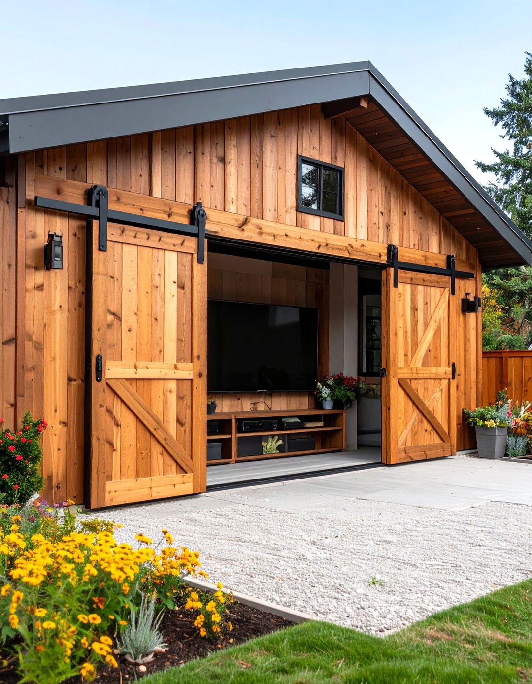 Sliding Barn Door Shutters Conceal an Outdoor TV - 25 outdoor tv ideas