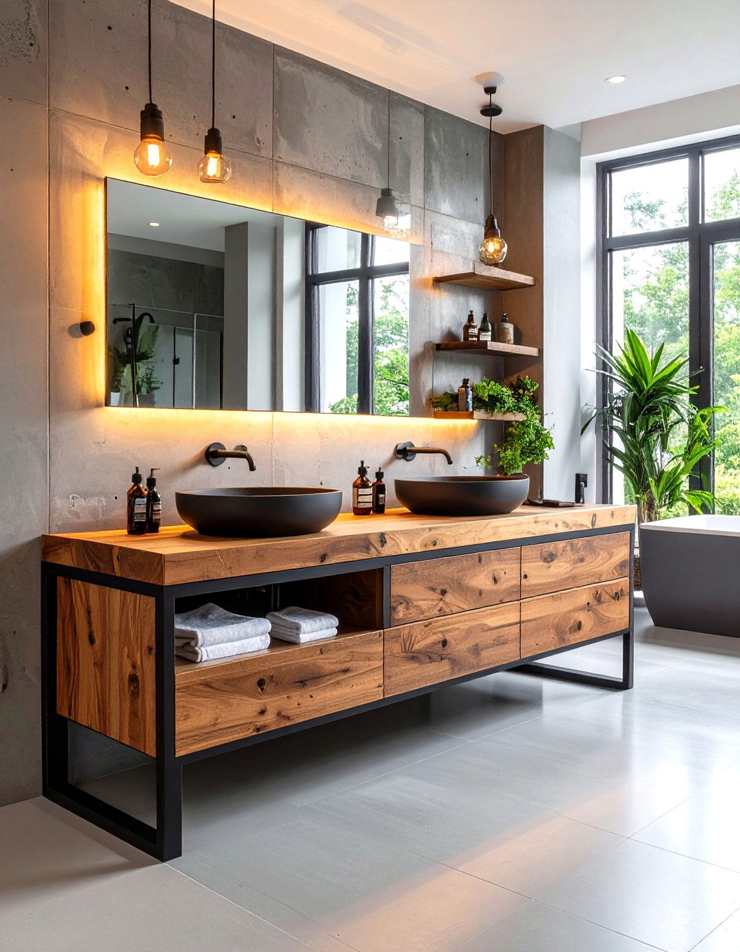 Slim Console Style Wood Bathroom Vanity Lends Industrial Edge - 25 Wood Bathroom Vanity Ideas