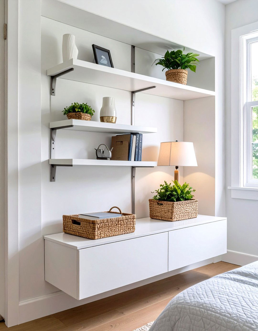 Slim Floating Shelf Nightstand for Tiny Gaps - 25 nightstand ideas