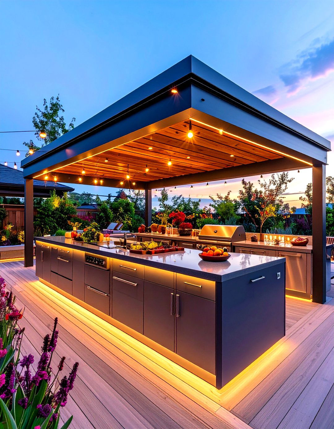 Slim Modern Flat Roof With Recessed LED Glow - 25 outdoor kitchen roof ideas