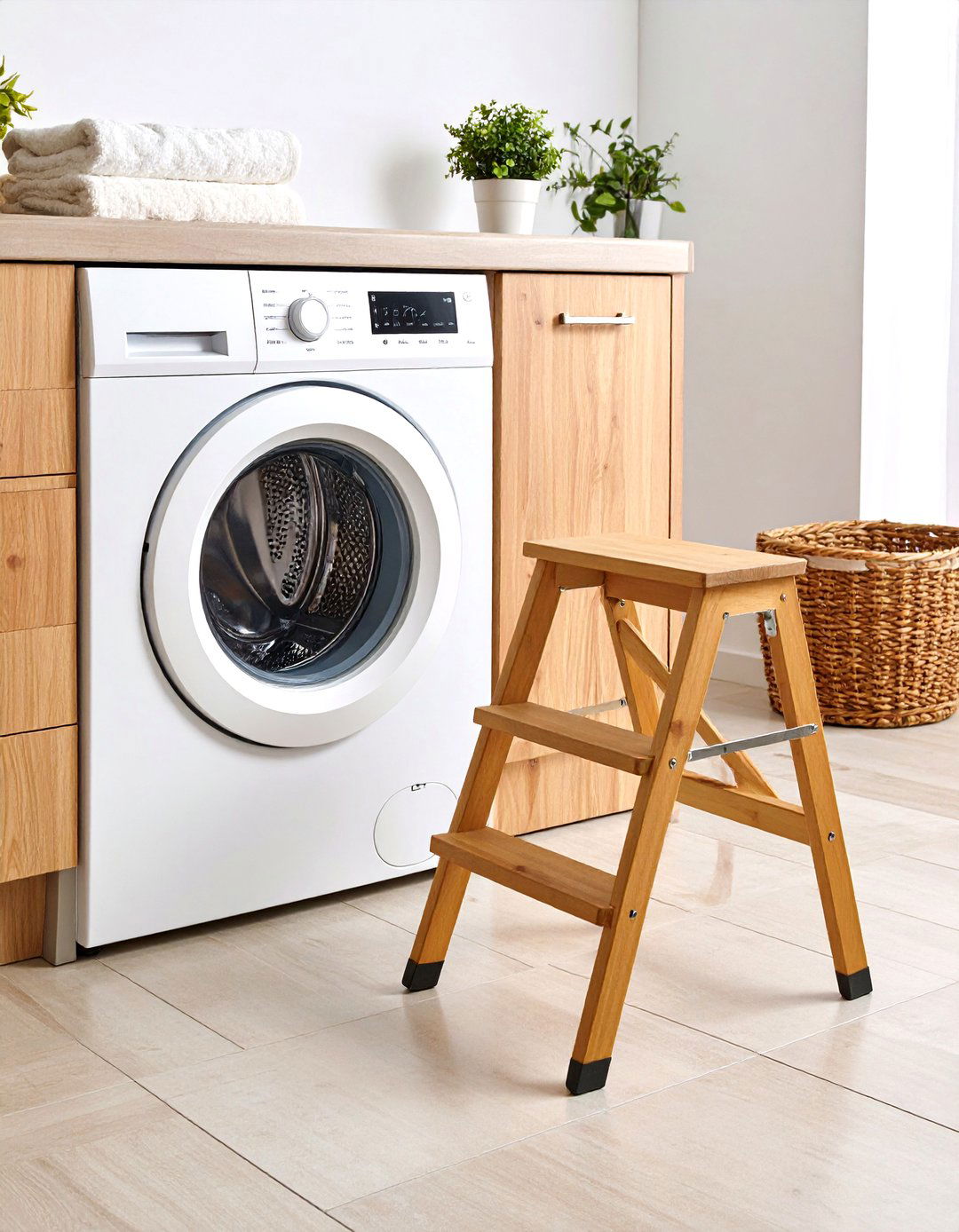 Slim Step Stool Stowed Beside the Dryer - 25 outdoor laundry area design ideas