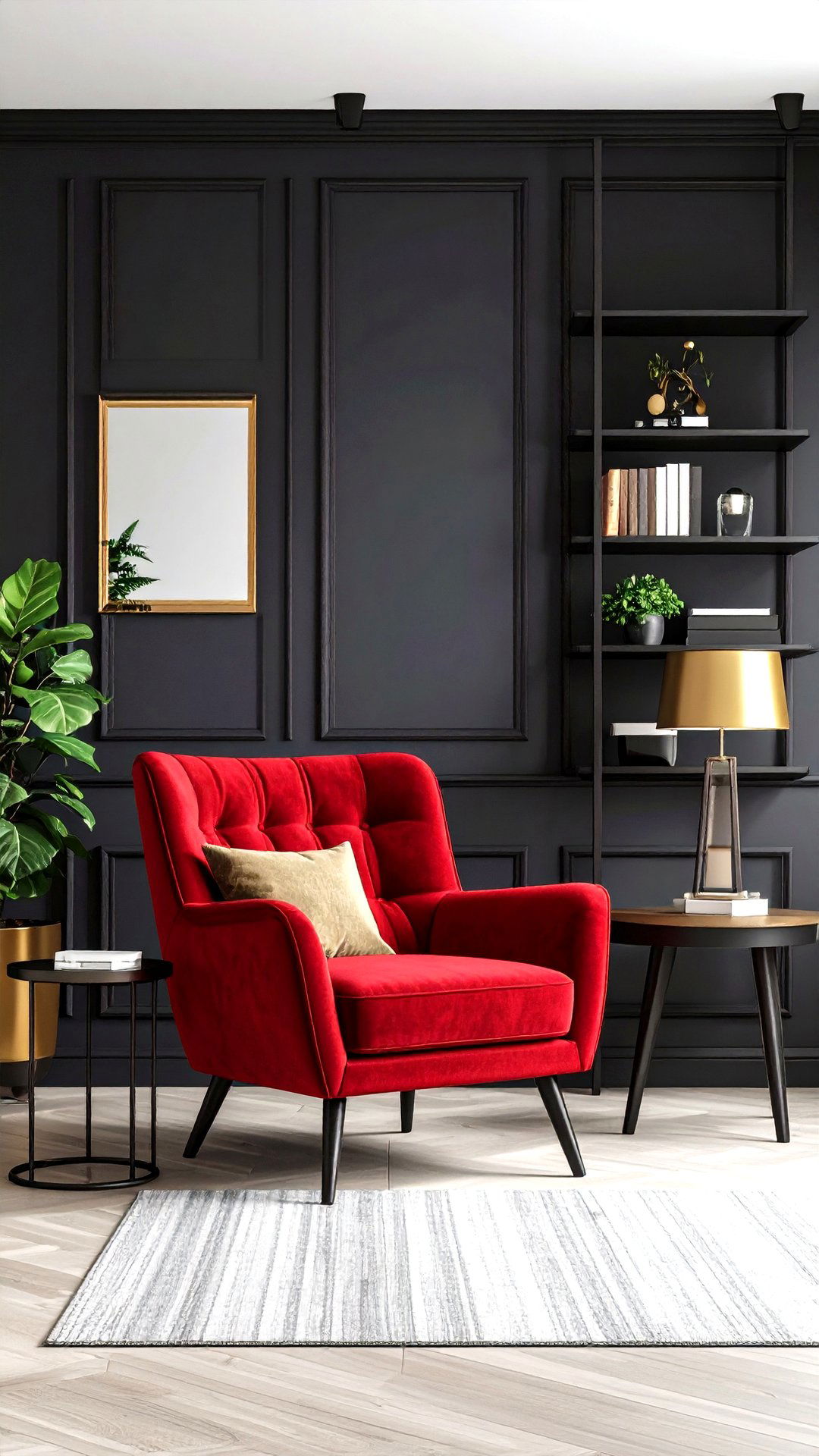 Small Living Room Maximizes Space with Red Accent Chair and Black Storage - 25 black and red living room ideas