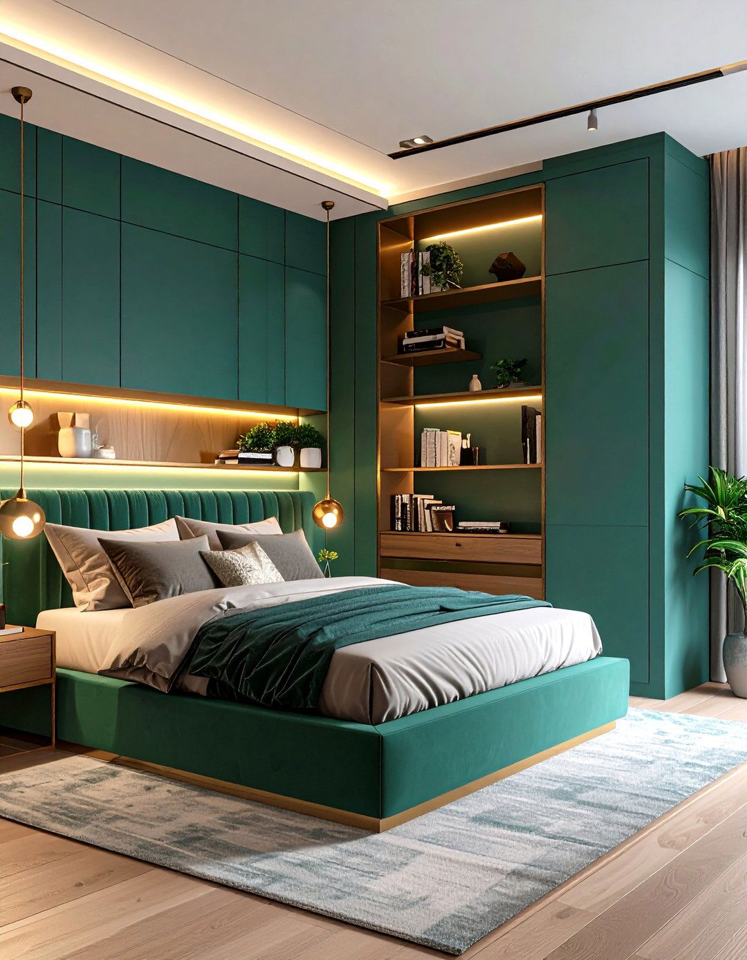 Small Space Pop Emerald Niche with Gold Floating Shelf - 25 emerald green and gold bedroom ideas