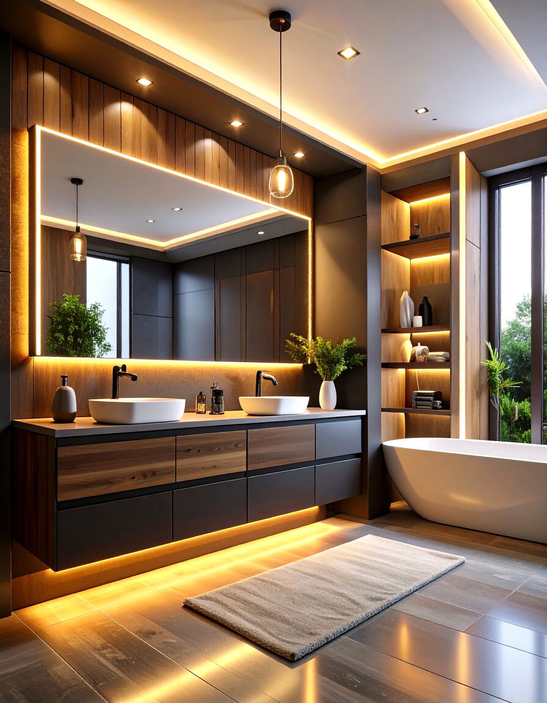 Smart Ambient Lighting Calms a Black and Wood Bathroom at Night - 25 black and wood bathroom ideas