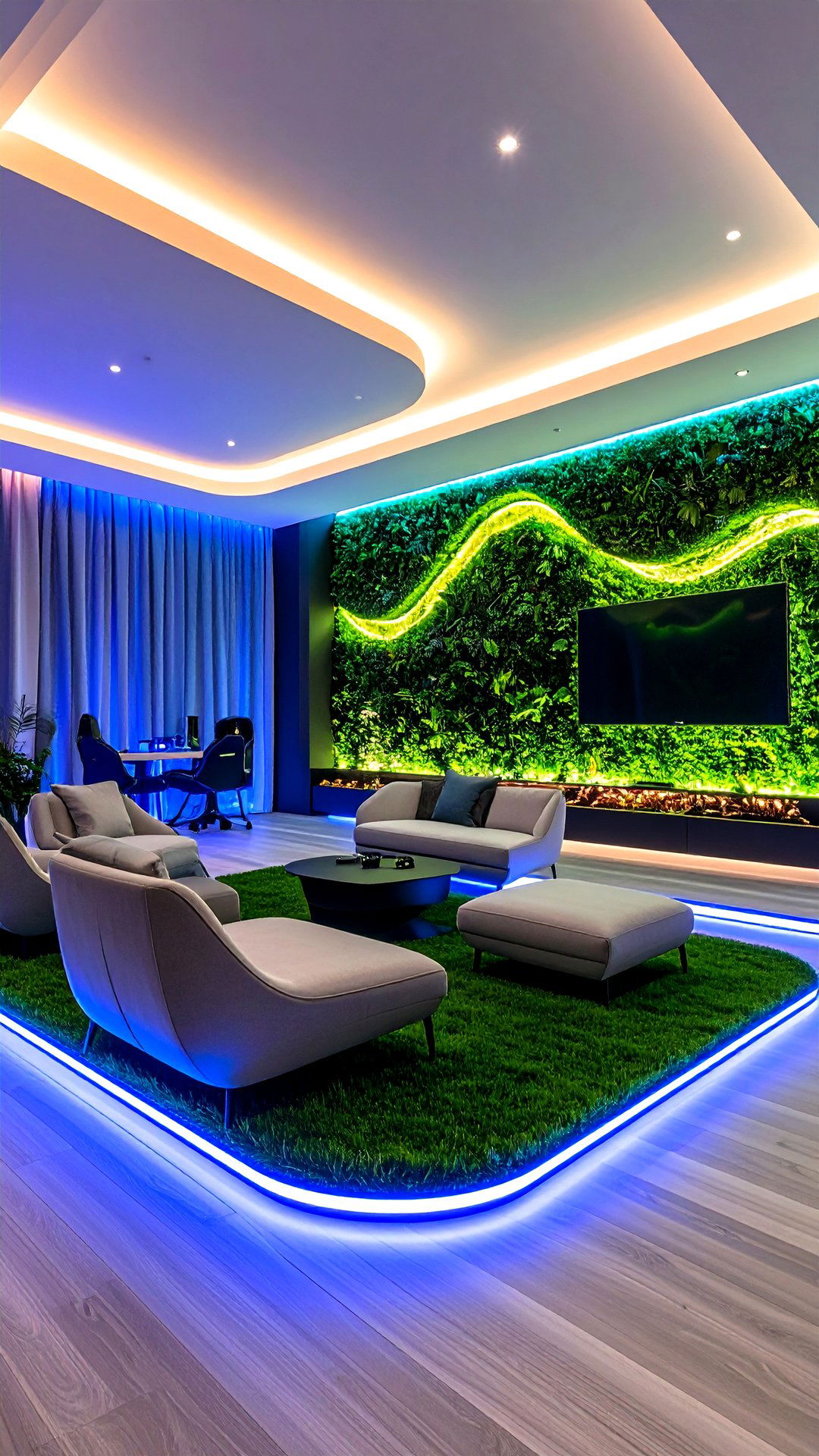 Smart LED Lounge Artificial Grass Wall - 25 artificial grass wall design ideas