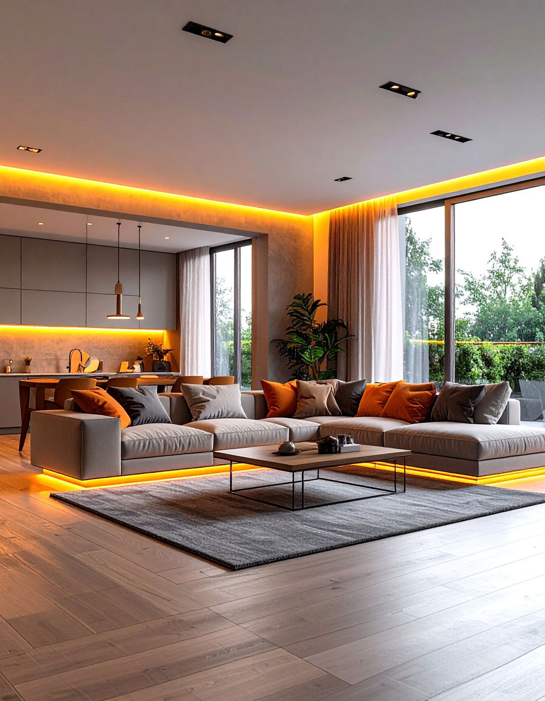 Smart Lighting that Shifts from Grey Day Cool to Sunset Orange - 25 orange and grey living room ideas