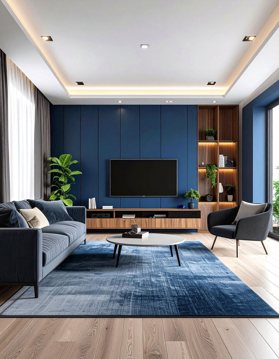 Smart Tech Hideaway with Navy Panels - 25 navy blue and grey living room ideas