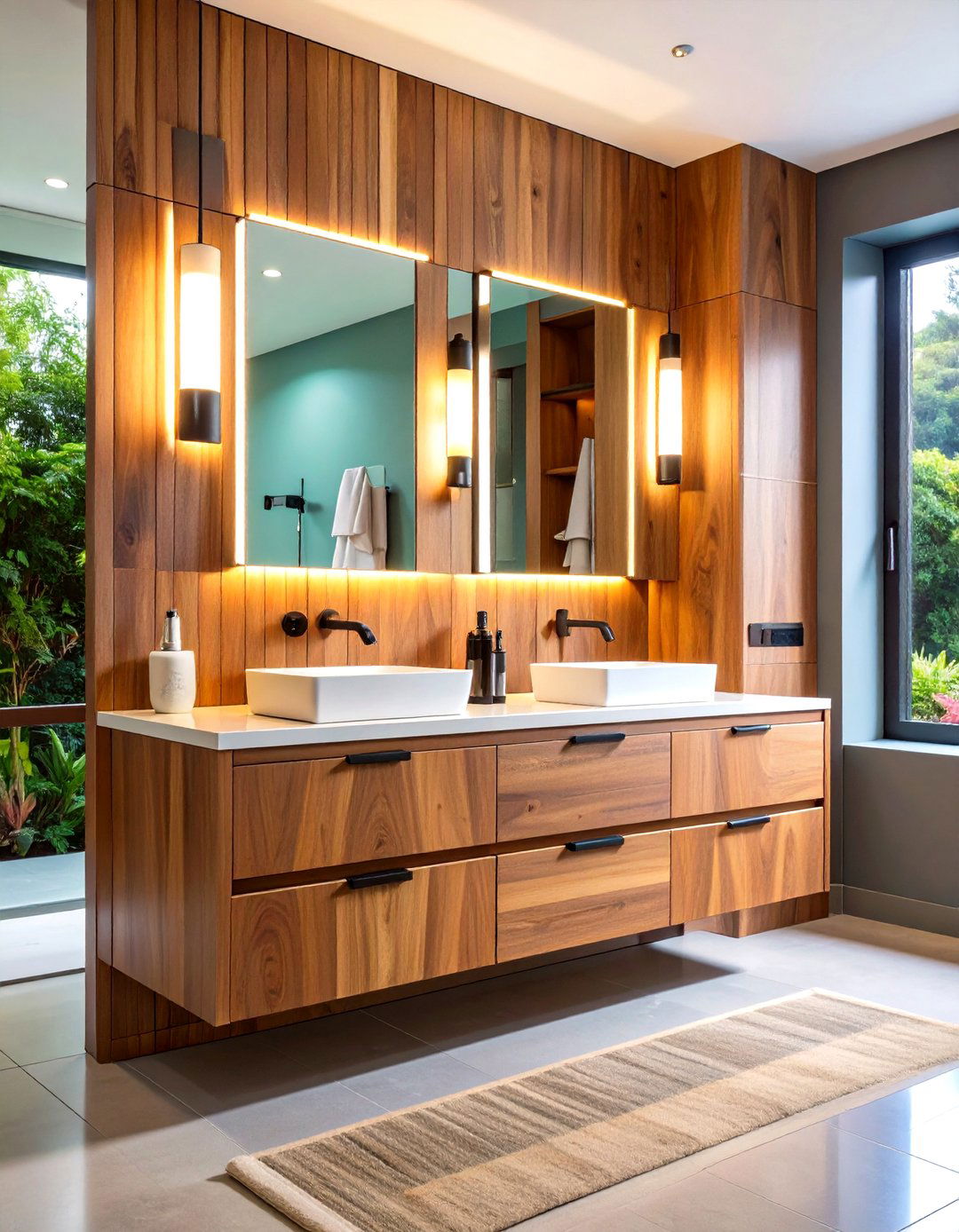 Smart Tech Wood Bathroom Vanity Features Hidden Power Drawer - 25 Wood Bathroom Vanity Ideas