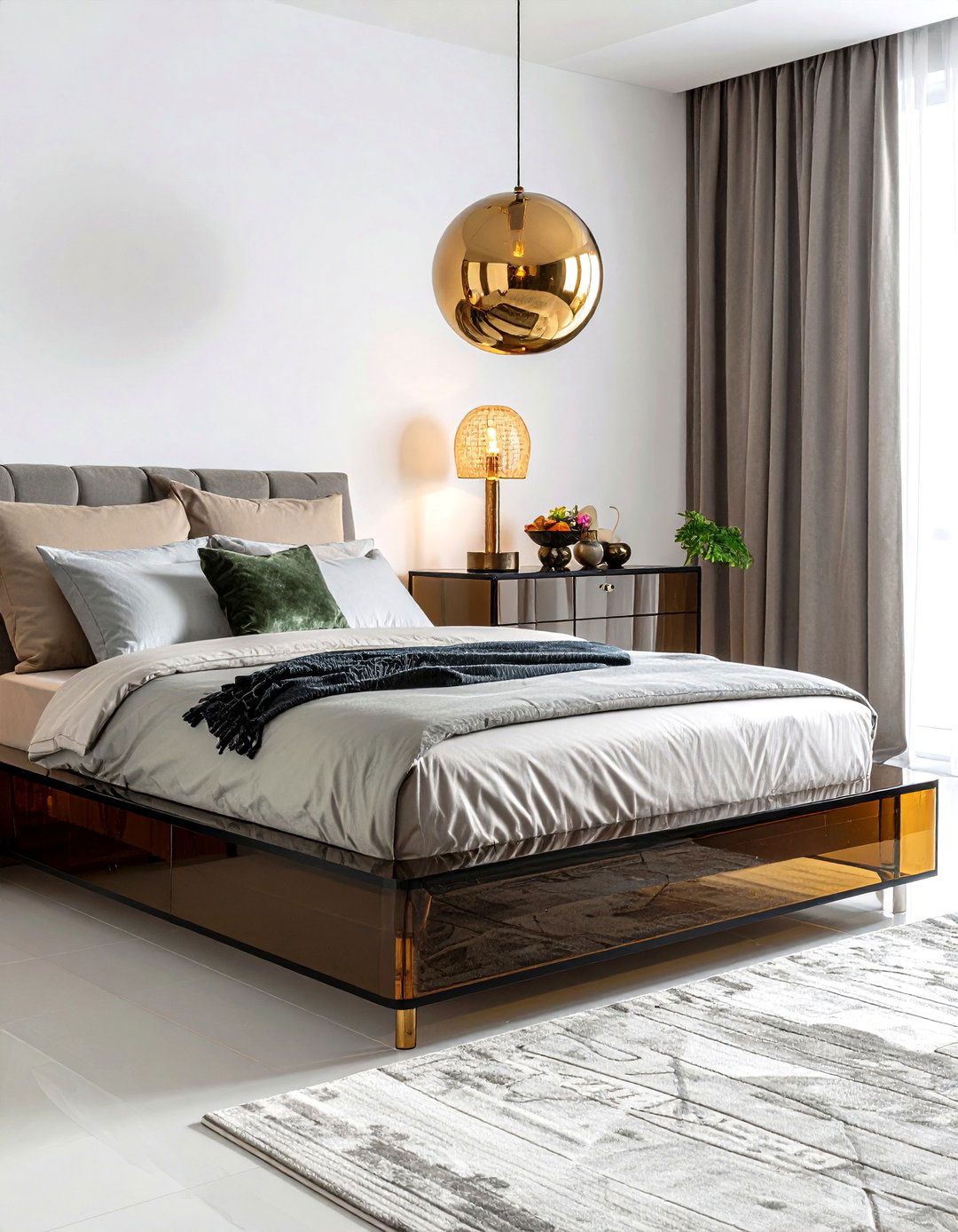Smoked Glass Nightstands Offer Sleek Contrast - 25 70s bedroom decor ideas