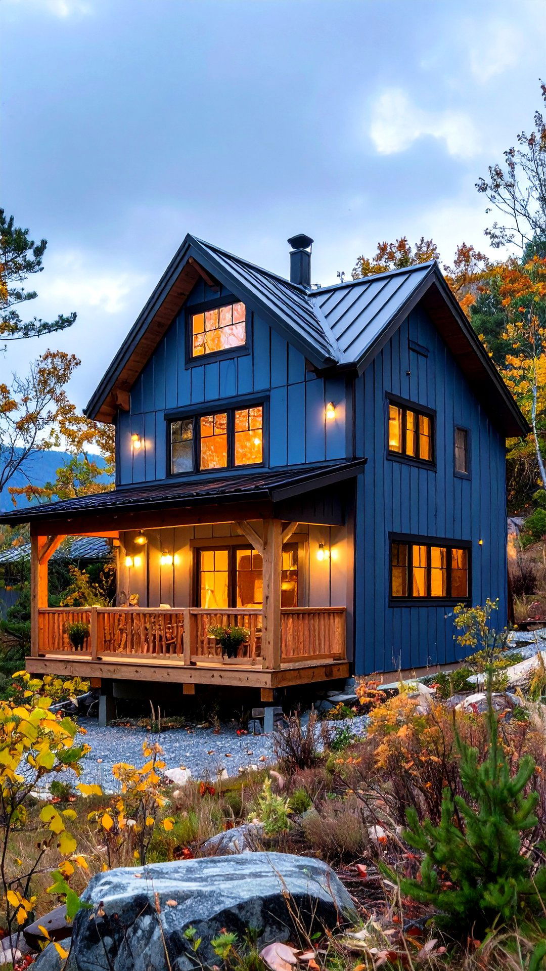 Smoky Blue Mountain Cabin with Black Metal Roof and Trim - 25 blue house with black trim ideas