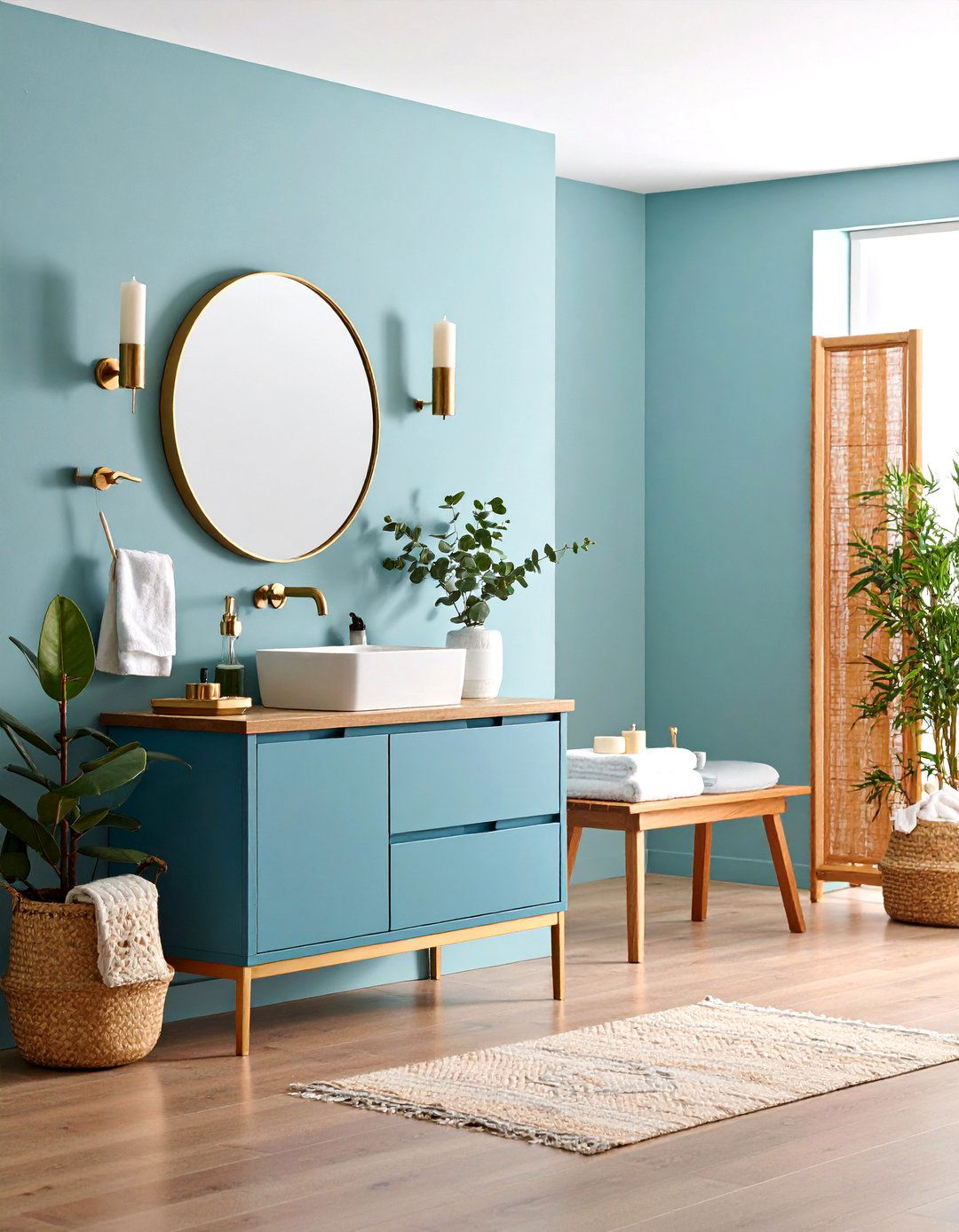 Soft Blue Spa Nook Bathroom with Gold Candle Holders - 25 blue and gold bathroom ideas