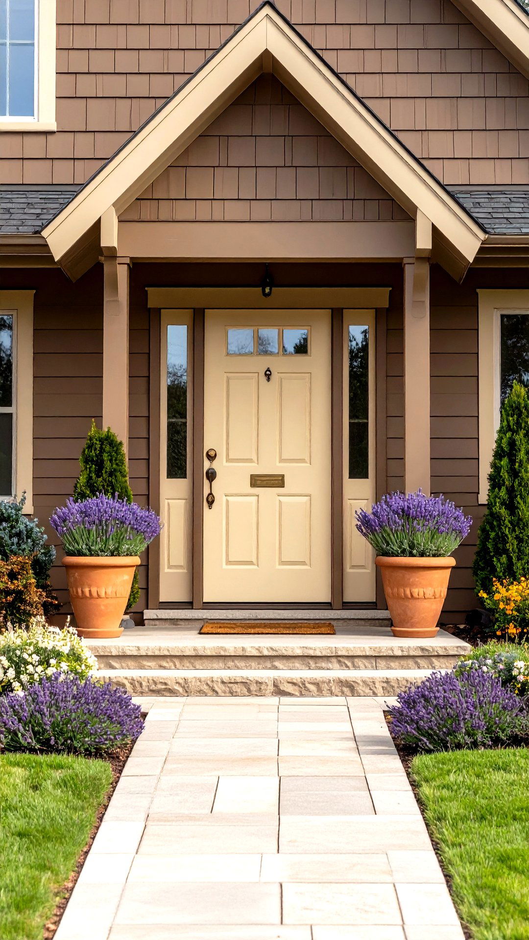 Soft Cream Front Door Creates Gentle Contrast for Brown House - 25 brown house front door colors
