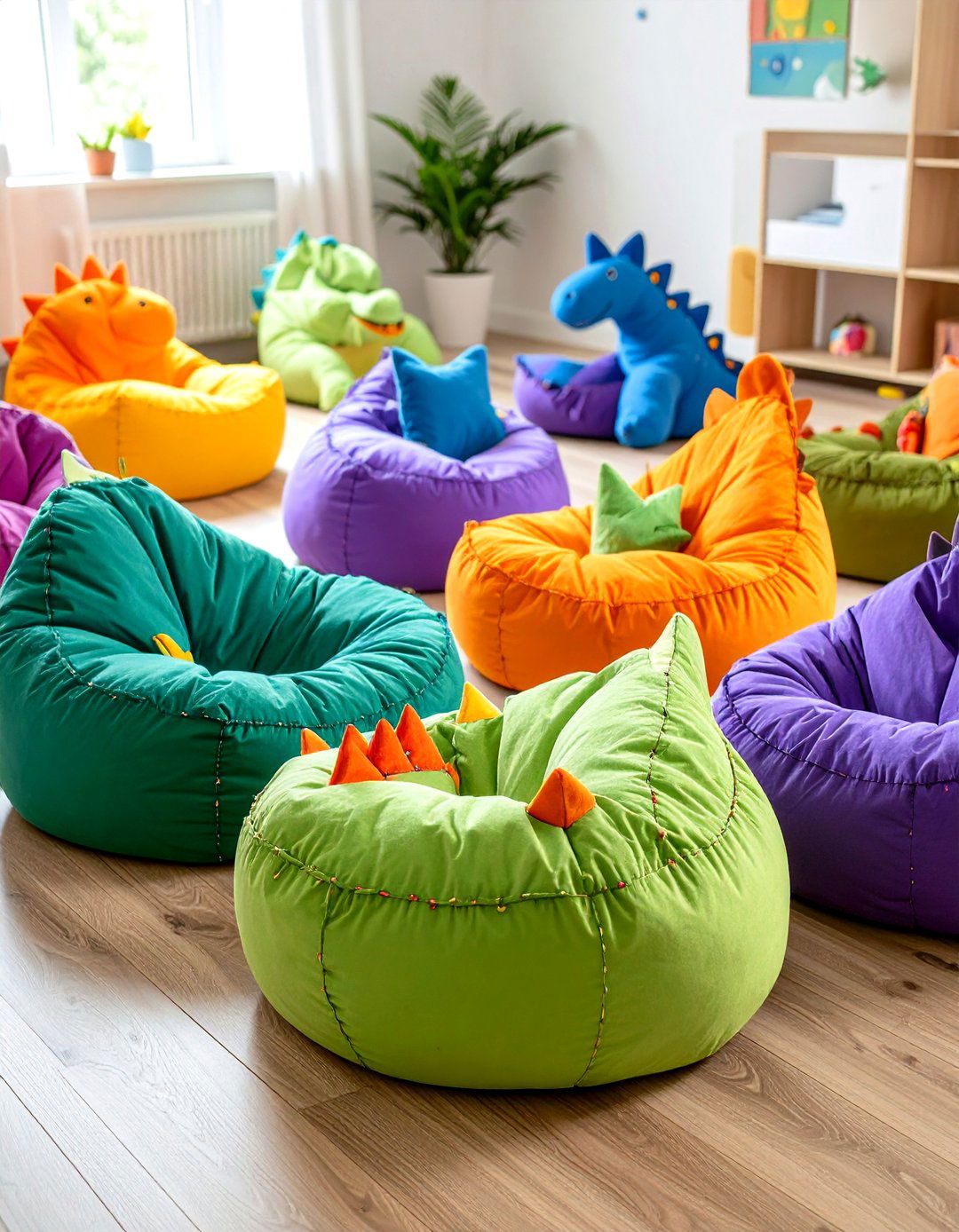 Soft Plush Dino Bean Bags for Flexible Seating - 25 dinosaur-themed kids' room ideas