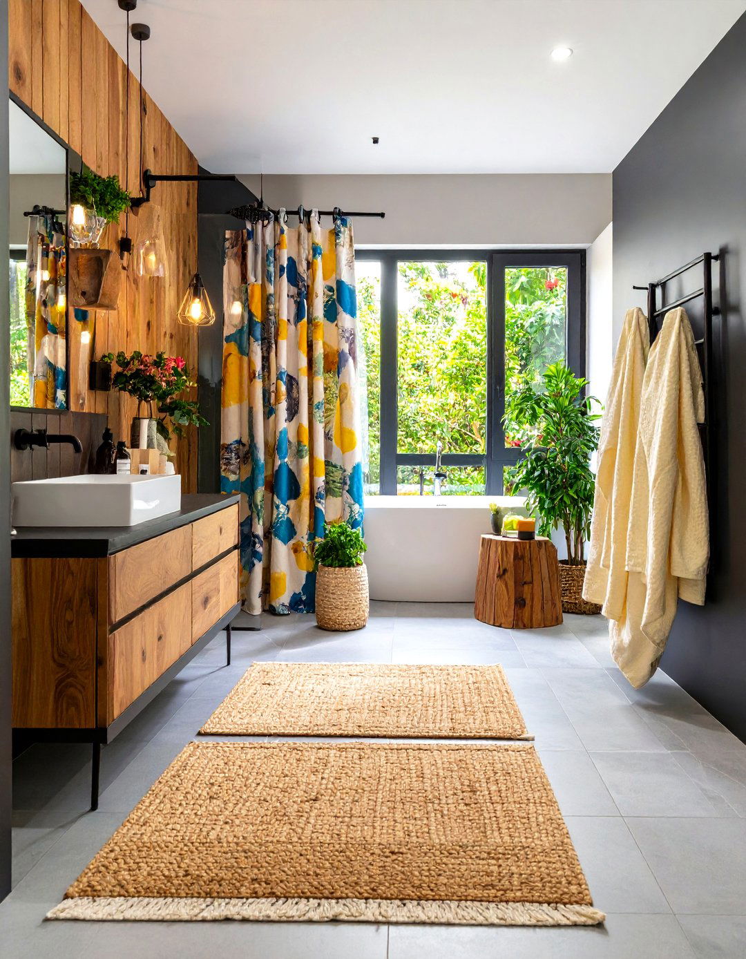 Soft Textiles Temper Bold Black and Wood Bathroom Surfaces - 25 black and wood bathroom ideas